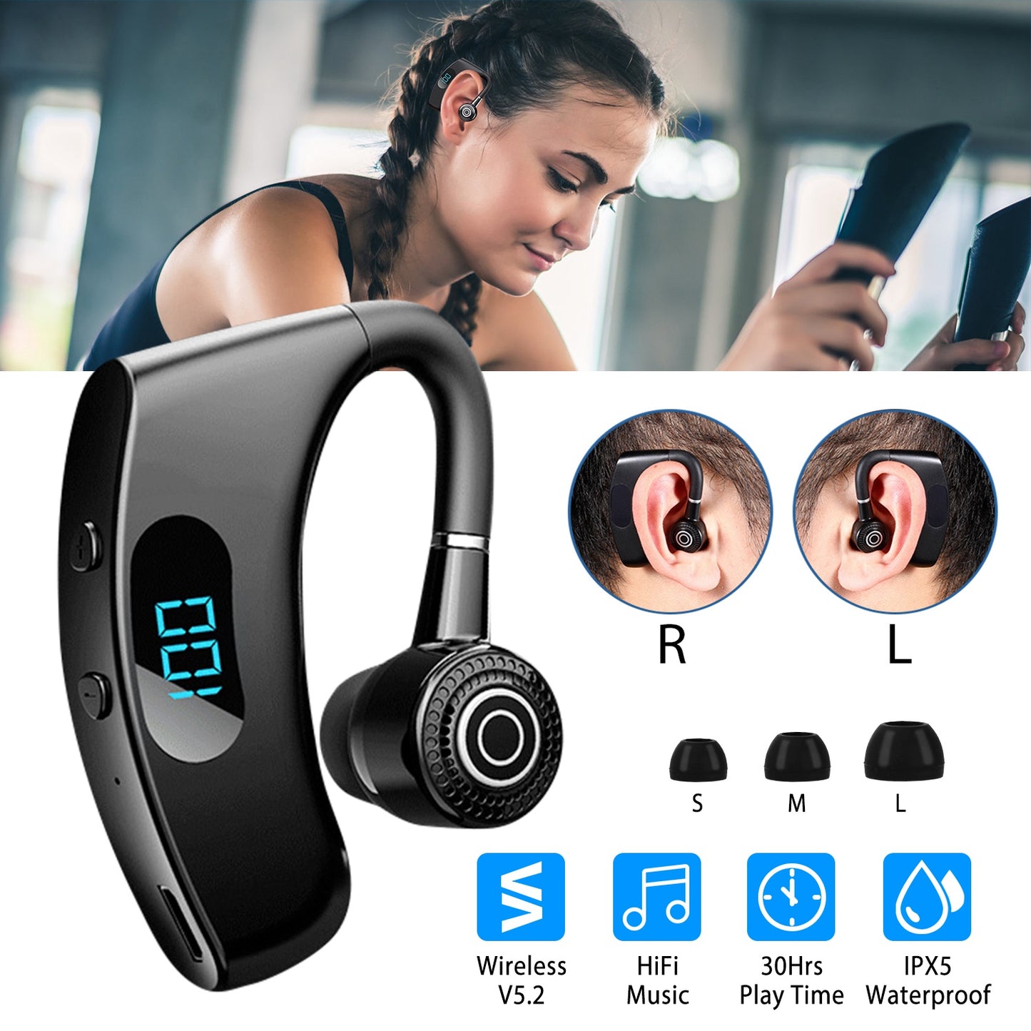 LJGelectro - Unilateral Wireless V5.2 Earpiece Rechargeable Wireless in-Ear Headset with Hook for Car Driving Phone Call Office