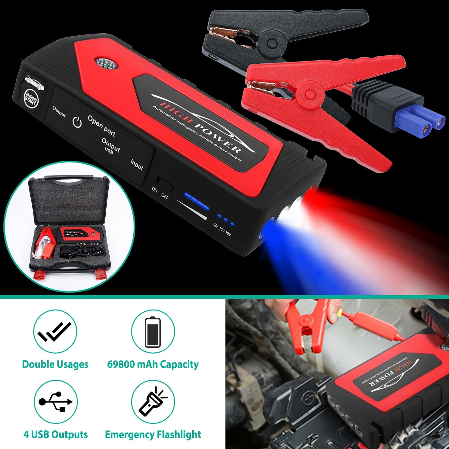 LJGelectro - Car Jump Starter Booster 600A Peak 69800mAh Battery Charger (Up to 6.0L Gas or 4.0L Diesel Engine) 3 Modes LED Flashlight