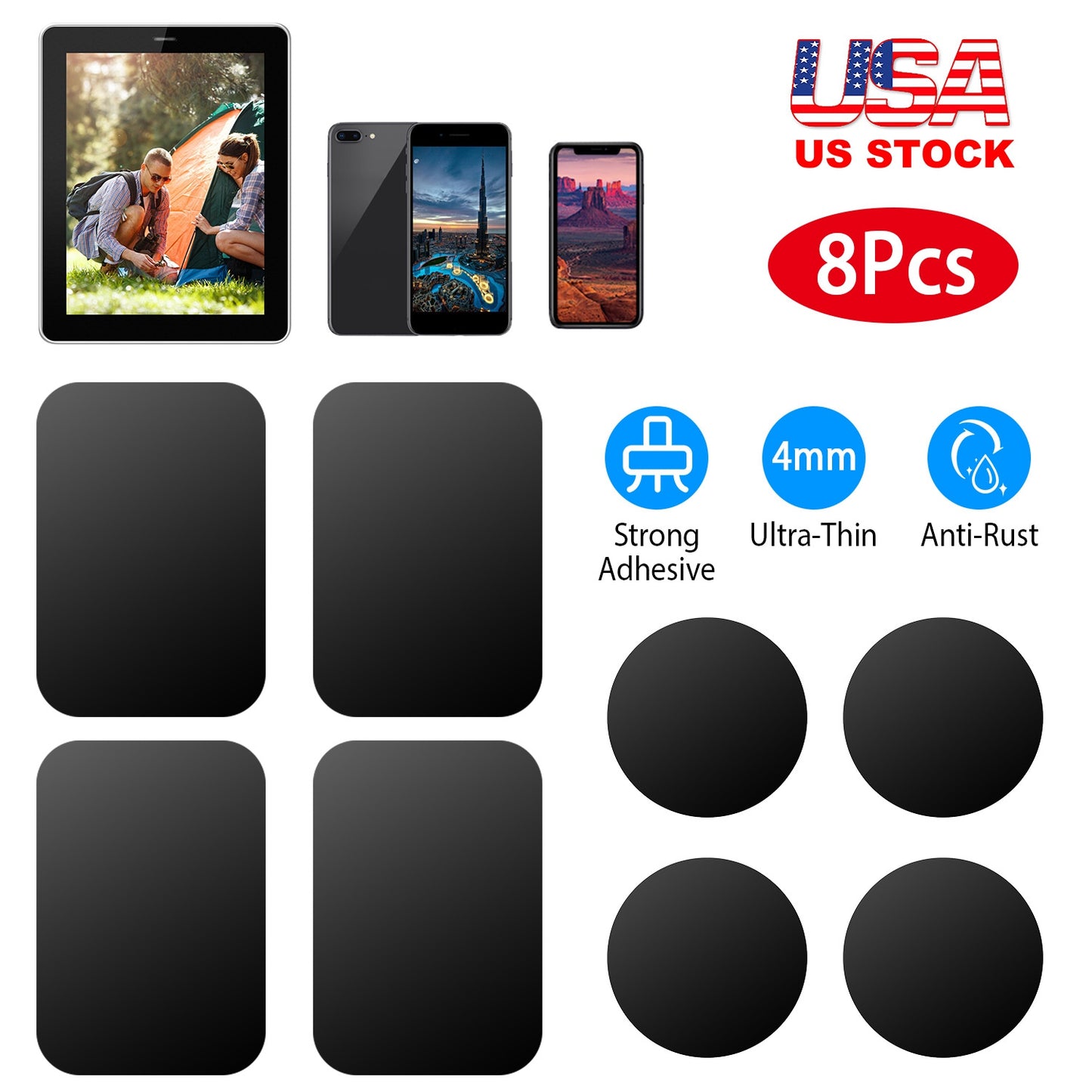 LJGelectro - 8Pcs Universal Metal Plates with Strong Adhesive 4Pcs Round and 4Pcs Rectangle Metal Plates for Magnetic Car Mount Phone Holder