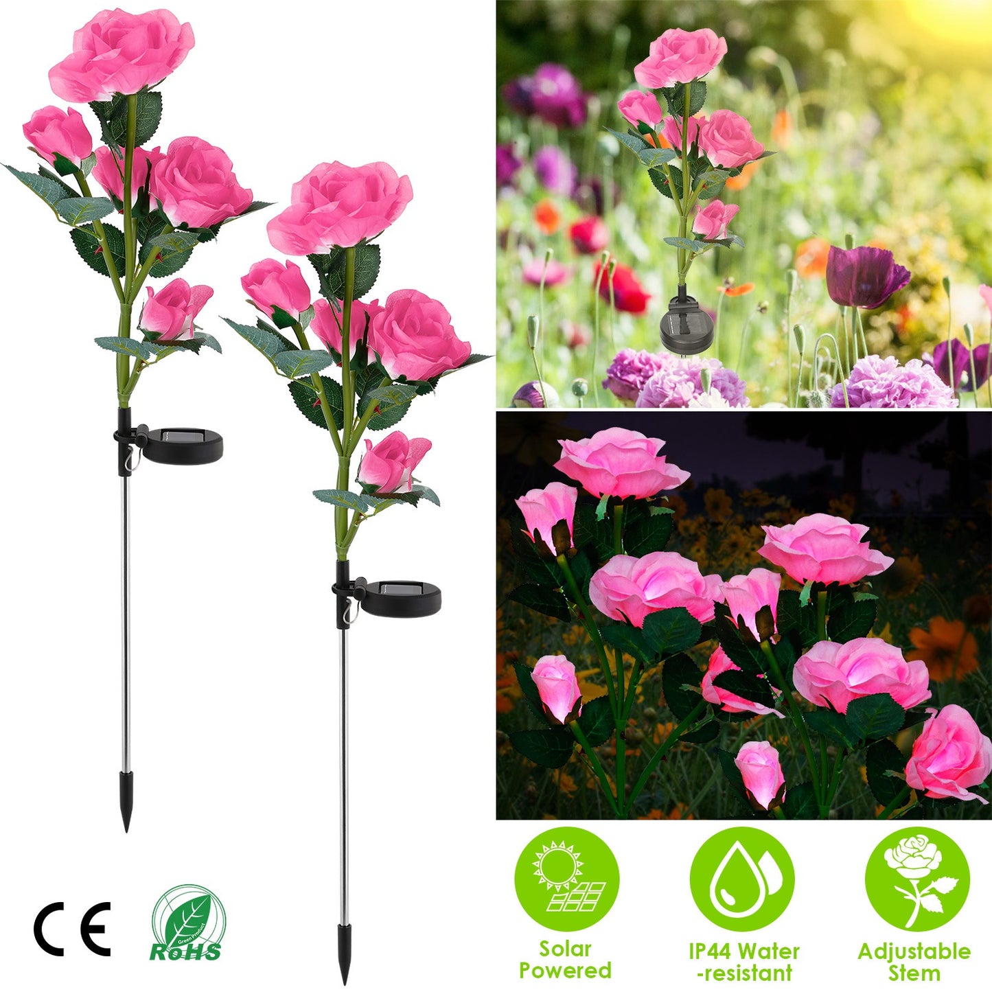 LJGelectro - 2Pcs Solar Powered Lights Outdoor Rose Flower LED Decorative Lamp Water Resistant Pathway Stake Lights For Garden Patio Yard Walkway