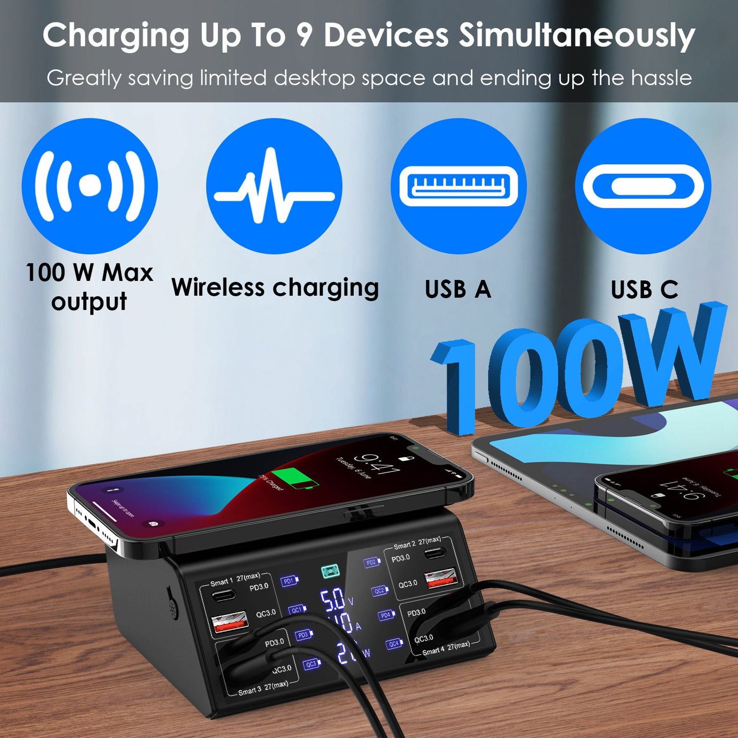 LJGelectro - 100W USB Charging Station 8 Ports Charging Station Hub PD 27W Quick Charger Wireless Charging Station Fit for iPhone 14 13 12 11 iPad Samsung