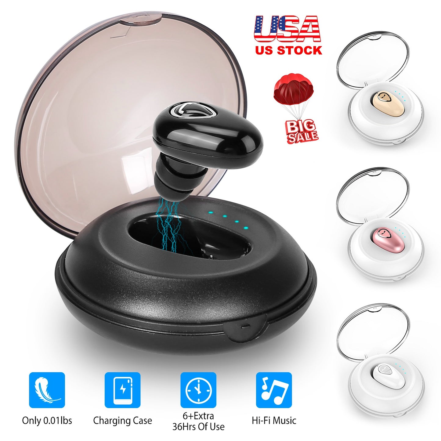 LJGelectro - IPX5 Waterproof Unilateral Wireless Earbud Mini In-Ear Headset Rechargeable with Built-in Mic Charging Case Sweat Resistant Earphone