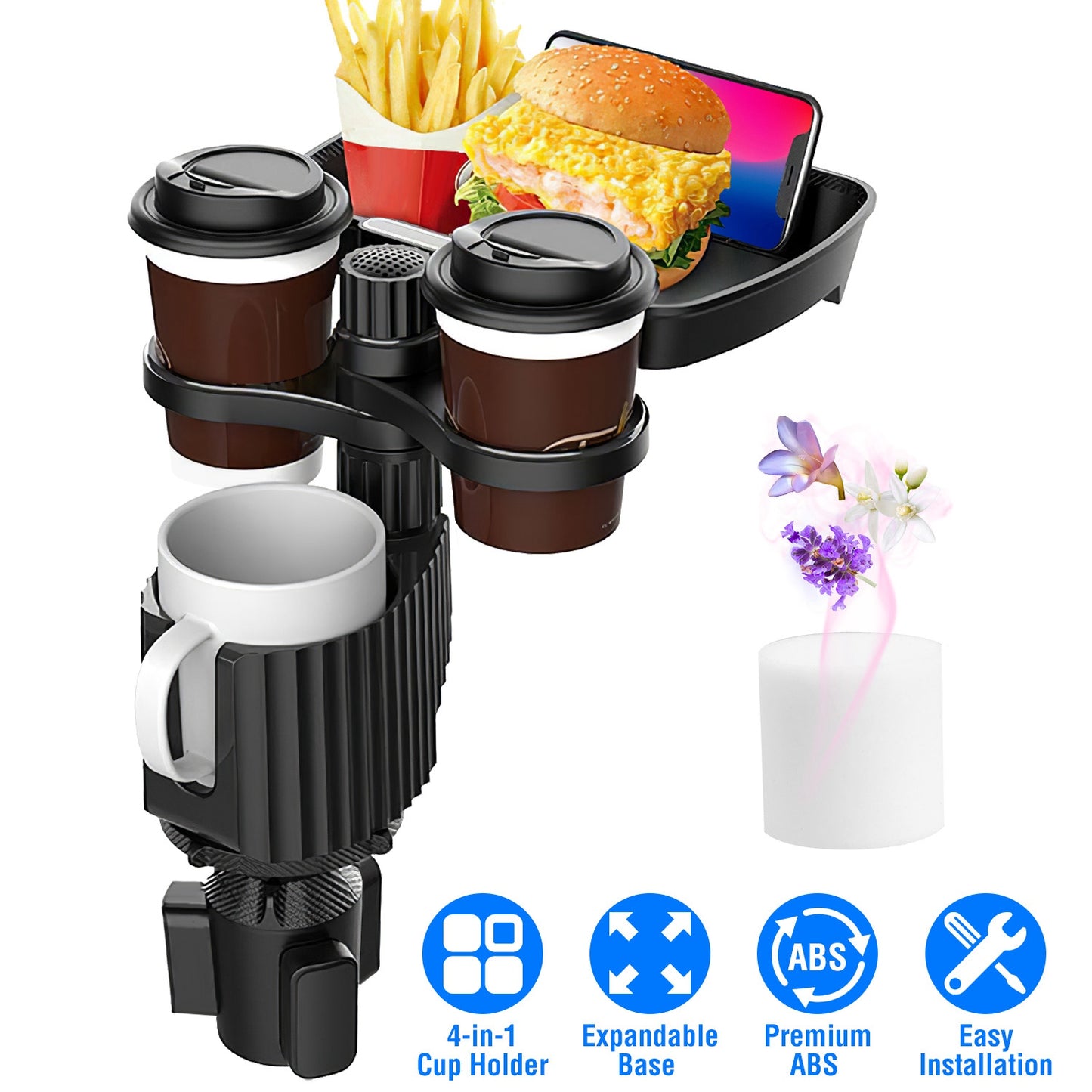 LJGelectro - 4-in-1 Car Cup Holder Tray Food Table Phone Holder Car Expander Detachable 360 Degree Rotatable Car Desk