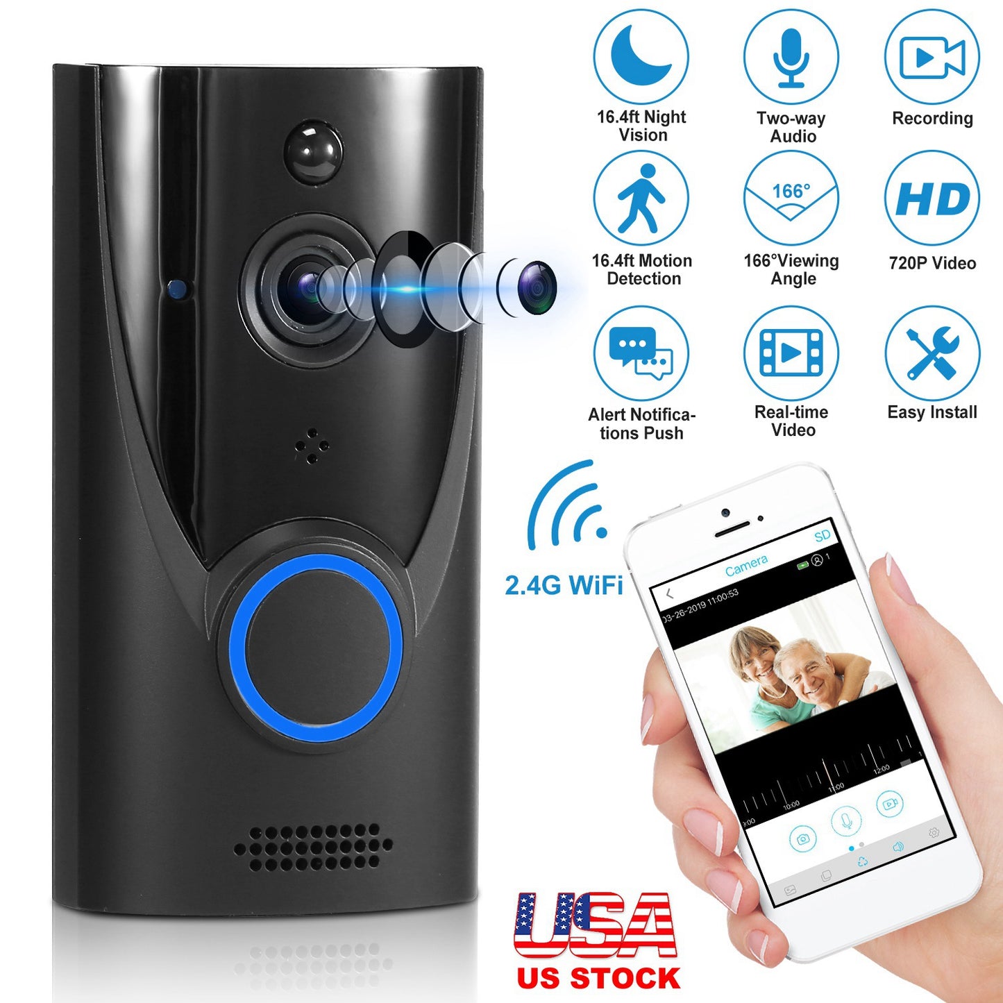 LJGelectro - WiFi Video Doorbell Wireless Door Bell 720P HD WiFi Security Camera w/ Two-way Talk PIR Motion Detection IR Night Vision Home Security Camcorder Offic