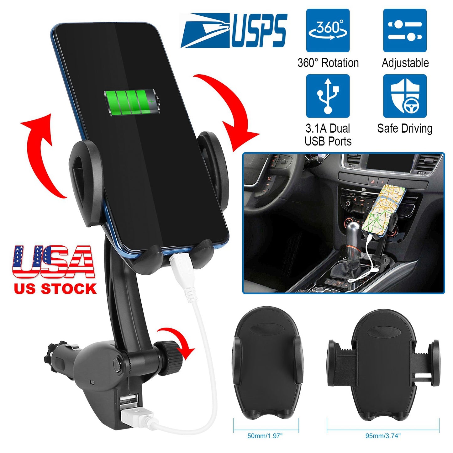 LJGelectro - 360° Rotation Car Phone Mount 3.1A Dual USB Cigarette Lighter Phone Holder Universal