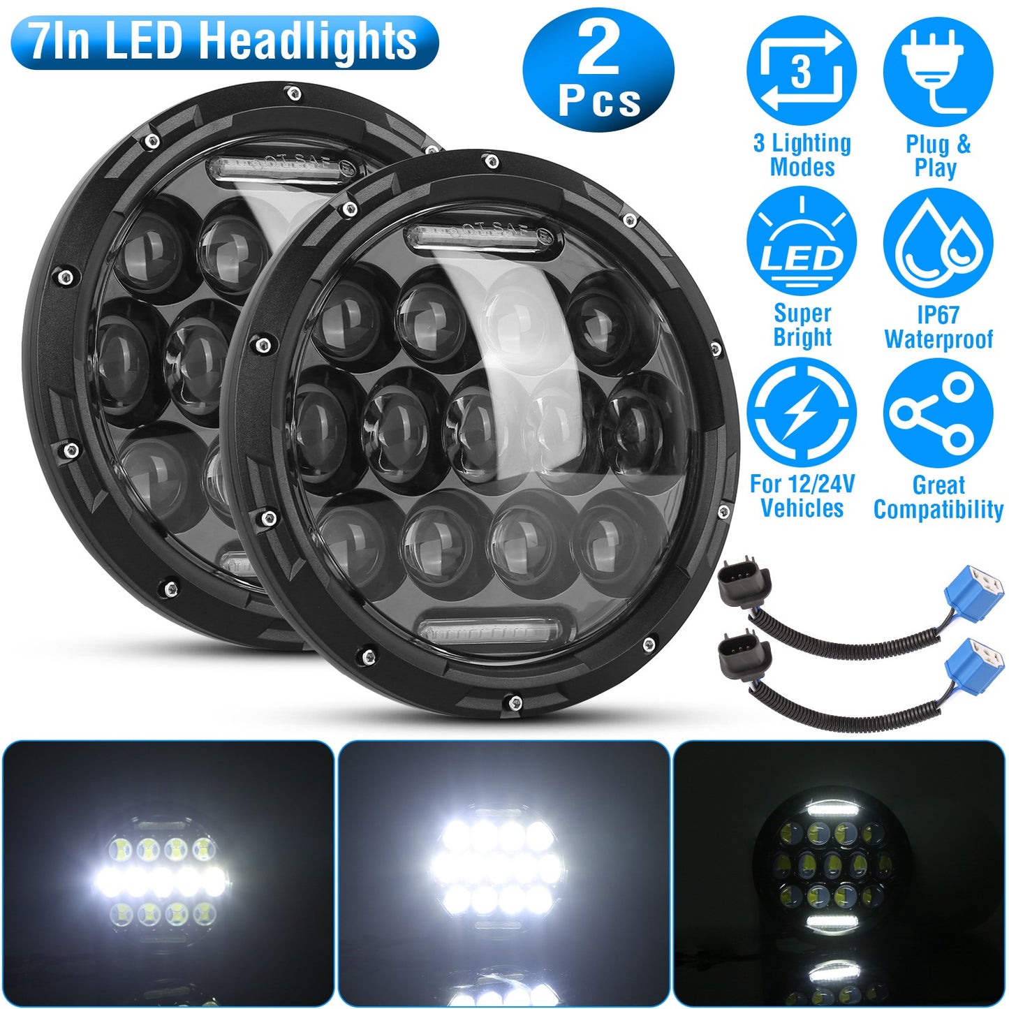 LJGelectro - 2Pcs 7In 75W Round LED Headlight 3800LM Halo Car Headlamp with DRL High Low Beam for Jeep Wrangler TJ JK CJ with H4 to H13 Adapters Plug and Play