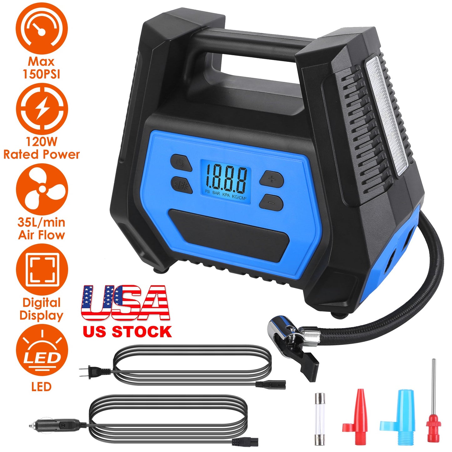 LJGelectro - Portable Tire Inflator 150 PSI 120W Max Power Tire Pump with Digital Display LED Light Inflatable Nozzle Needle Fuse Air Compressor for Bikes Motorbik