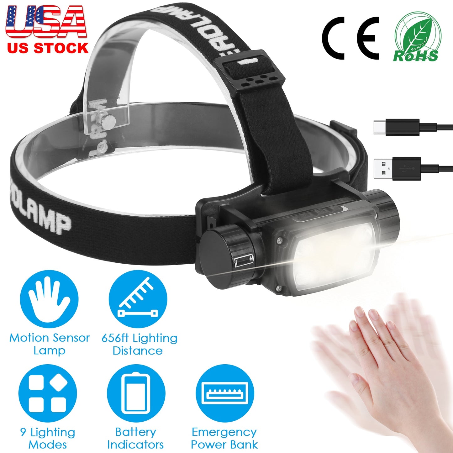 LJGelectro - Rechargeable Motion Sensor Headlamp 9 Light Modes Hand Wave Headlight Phone Charging Torch Flashlight for Fishing Running Camping Hiking