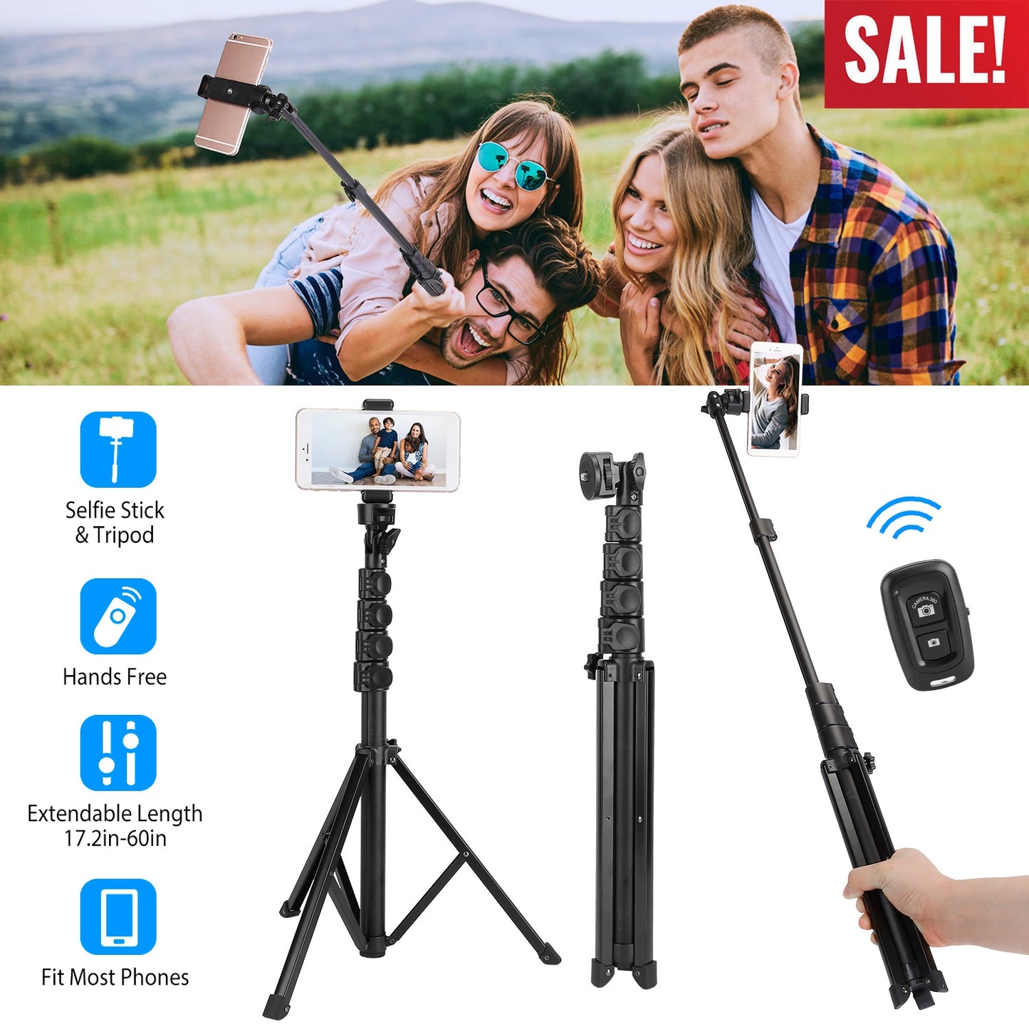 LJGelectro - Selfie Sticker Tripod Wireless Desktop Phone Tripod Stand Holder Telescopic Selfie Stick with Remote Shutter 60in Extendable Fit for 6.1-6.8” iPhone 1