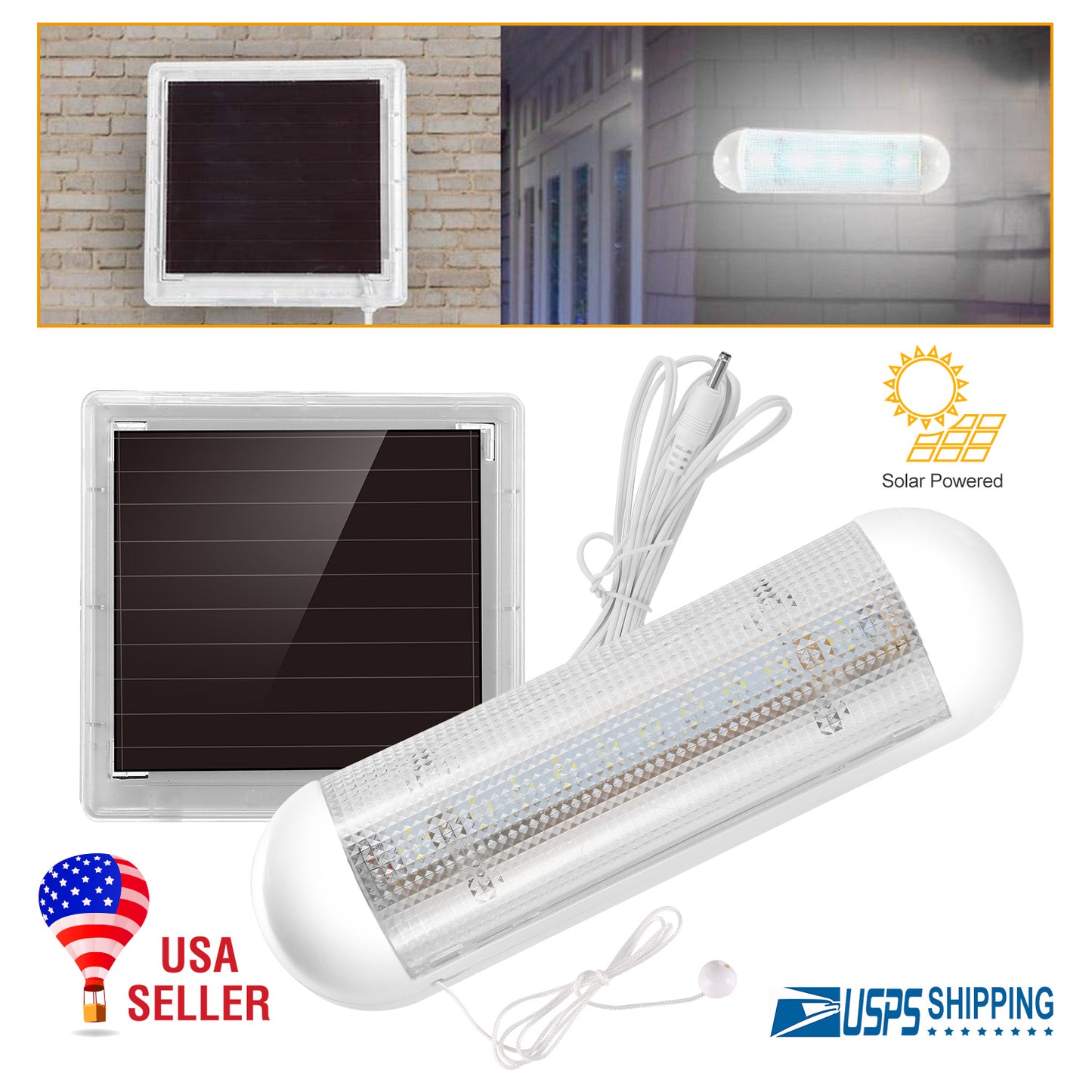 LJGelectro - LED Solar Lights Solar Powered Security Light Kit Emergency Light Pull Switch for Home Shed Garage Tool Room