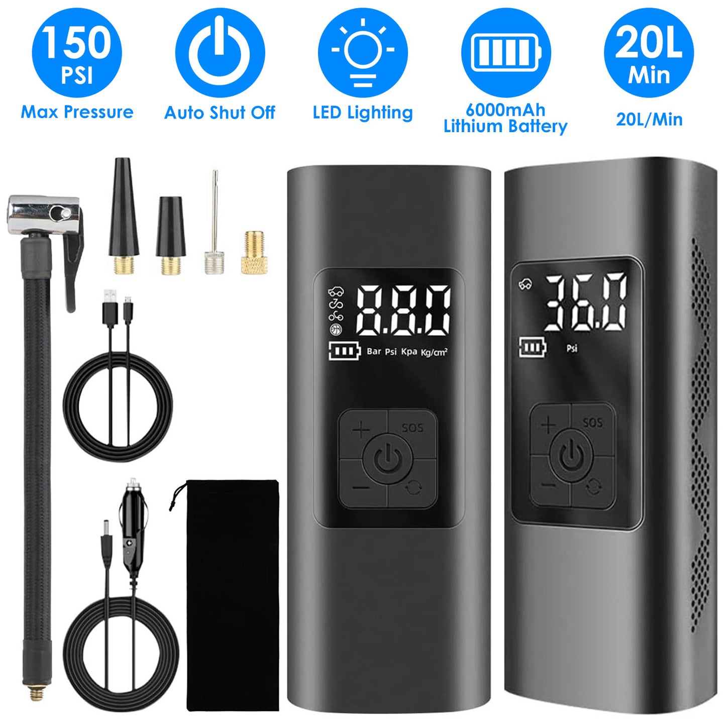 LJGelectro - 150PSI Cordless Car Tire Pump 6000mAh Rechargeable Tire Inflator Portable Air Compressor for Car Bike Motorcycle Ball