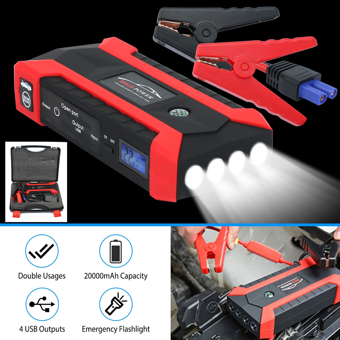 LJGelectro - Car Jump Starter Booster 1000A Peak 20000mAh 12V Battery Charger (Up to 6.0L Gas or 3.0L Diesel Engine) w/ LCD Screen 3 Modes LED Flashlight