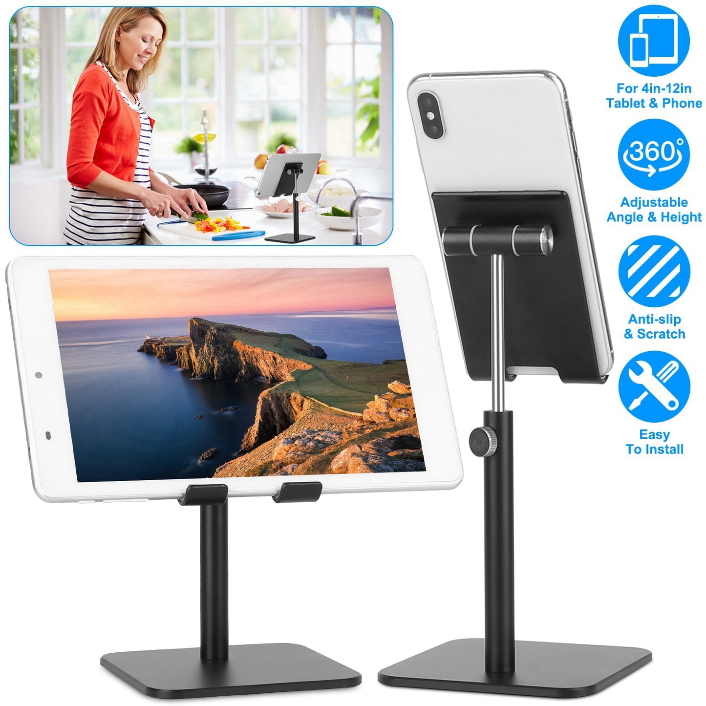 LJGelectro - Adjustable Cell Phone Tablet Stand Desktop Holder Mount Bracket Dock Fit for iPad Kindle iPhone Aluminum Alloy