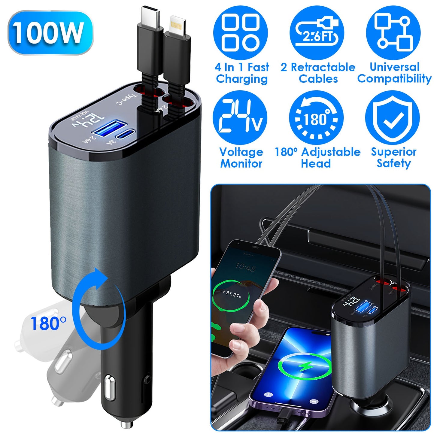 LJGelectro - 100W 4 In 1 Fast Car Charger USB C Car Charger 180ºAdjustable Car Phone Charger with Retractable Type-C LT Cable Voltage Monitor Fit for IOS Phone iPa