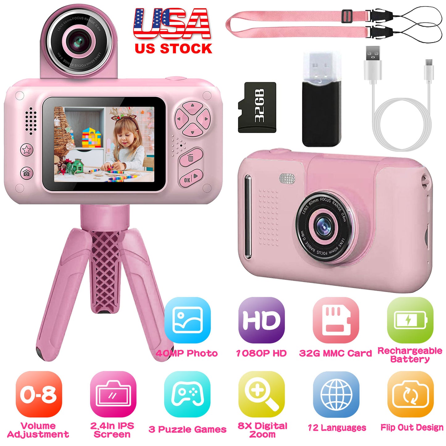 LJGelectro - Kids Digital Camera with Flip Lens Children Video Camcorder Christmas Toy Birthday Gifts with Tripod 2.4in Screen 32G MMC Card for 3-10 Year Old Boys