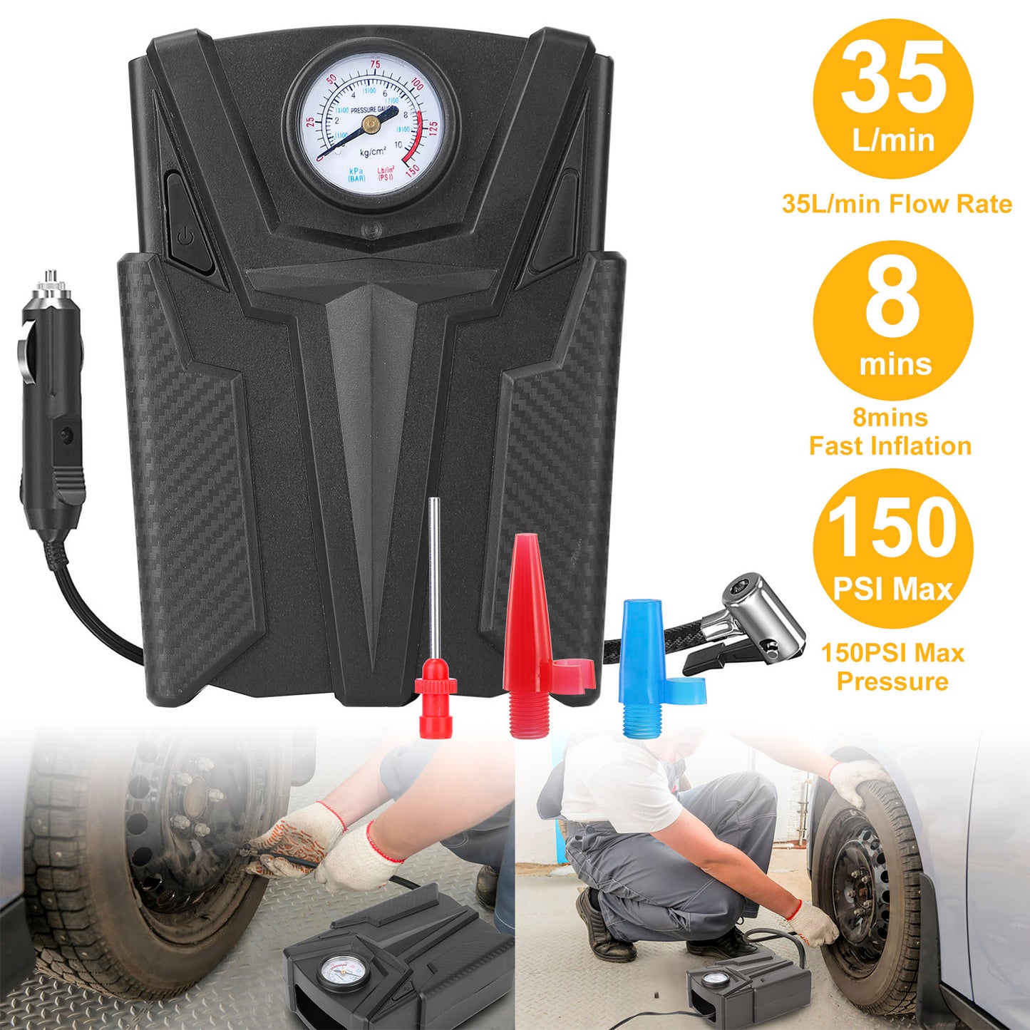 LJGelectro - Car Tire Air Pump Portable Air Compressor Pump DC 12V Car Tire Inflator Pump For Bicycle Motorcycle w/ Pointer