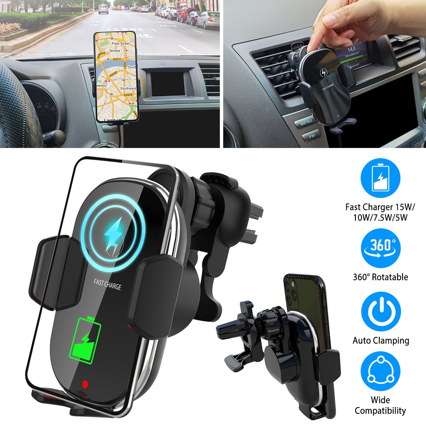 LJGelectro - Car Wireless Phone Charger Car Air Vent Phone Mount Holder Bracket Fast Charge 15W 10W 7.5W Automatic Clamping Fit for iPhone 13 13Pro Max 12 Pro Max