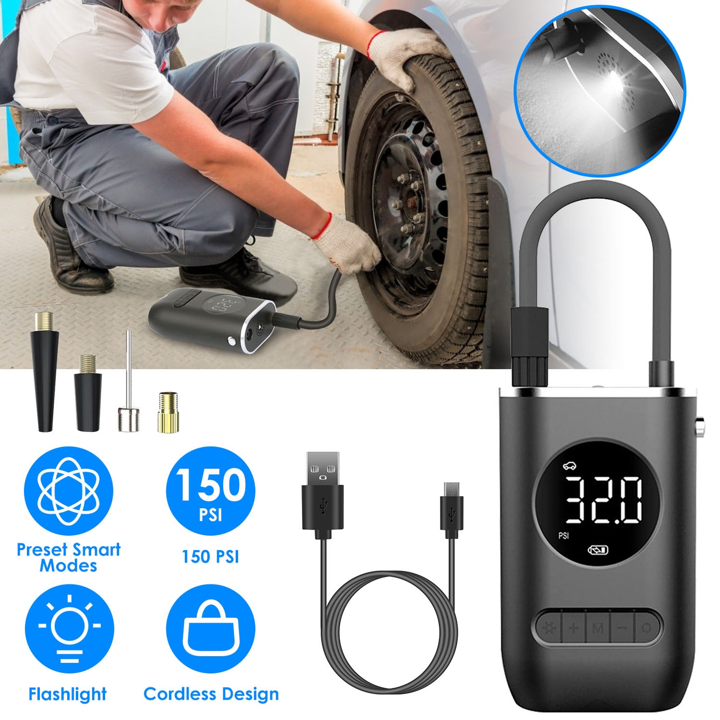 LJGelectro - Car Tire Inflator Pump Portable Car Air Compressor Wireless Electric Air Pump 150 PSI with LED Light