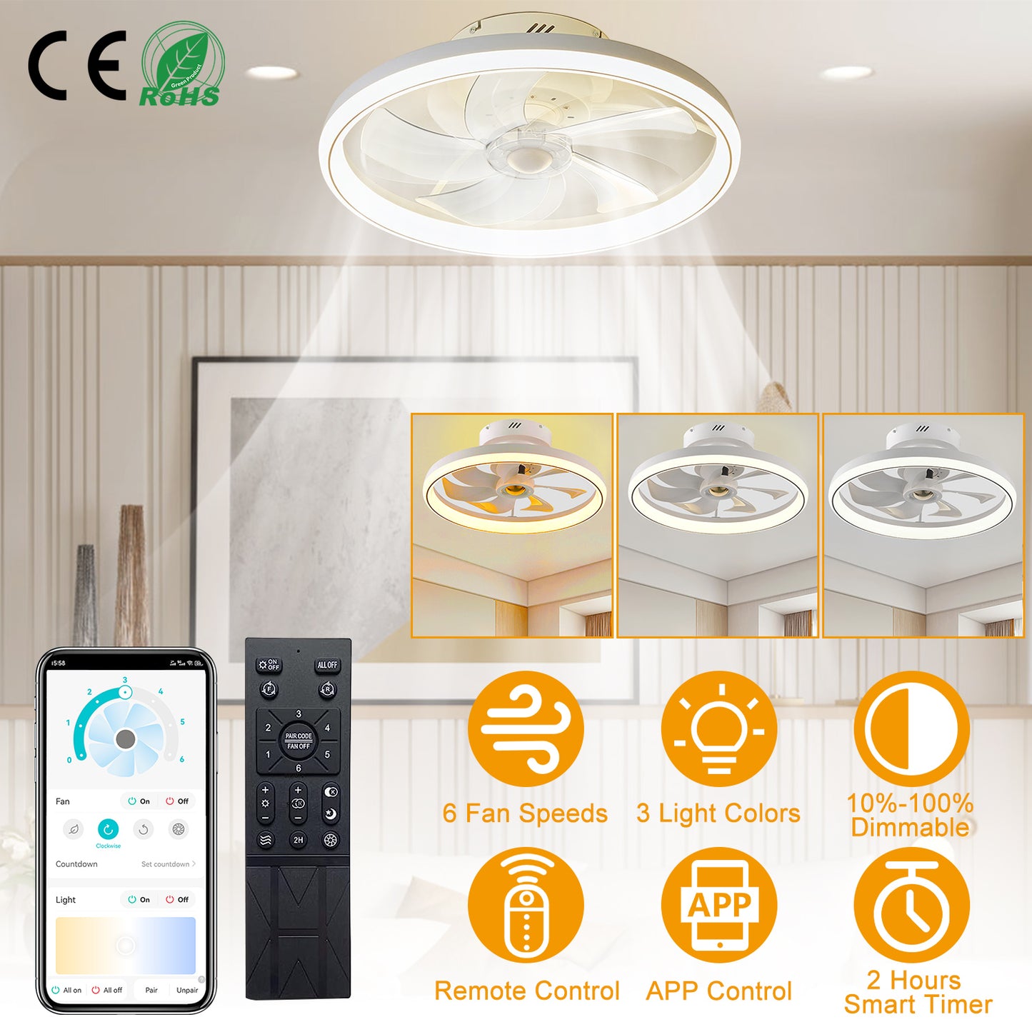 LJGelectro - 19.7in Ceiling Fan with 60W Light Round Pendant Fan Lamp LED Ceiling Fan with 6-Fan Speed 3000-6500W Light Color Adjustment Remote Control Timer APP C