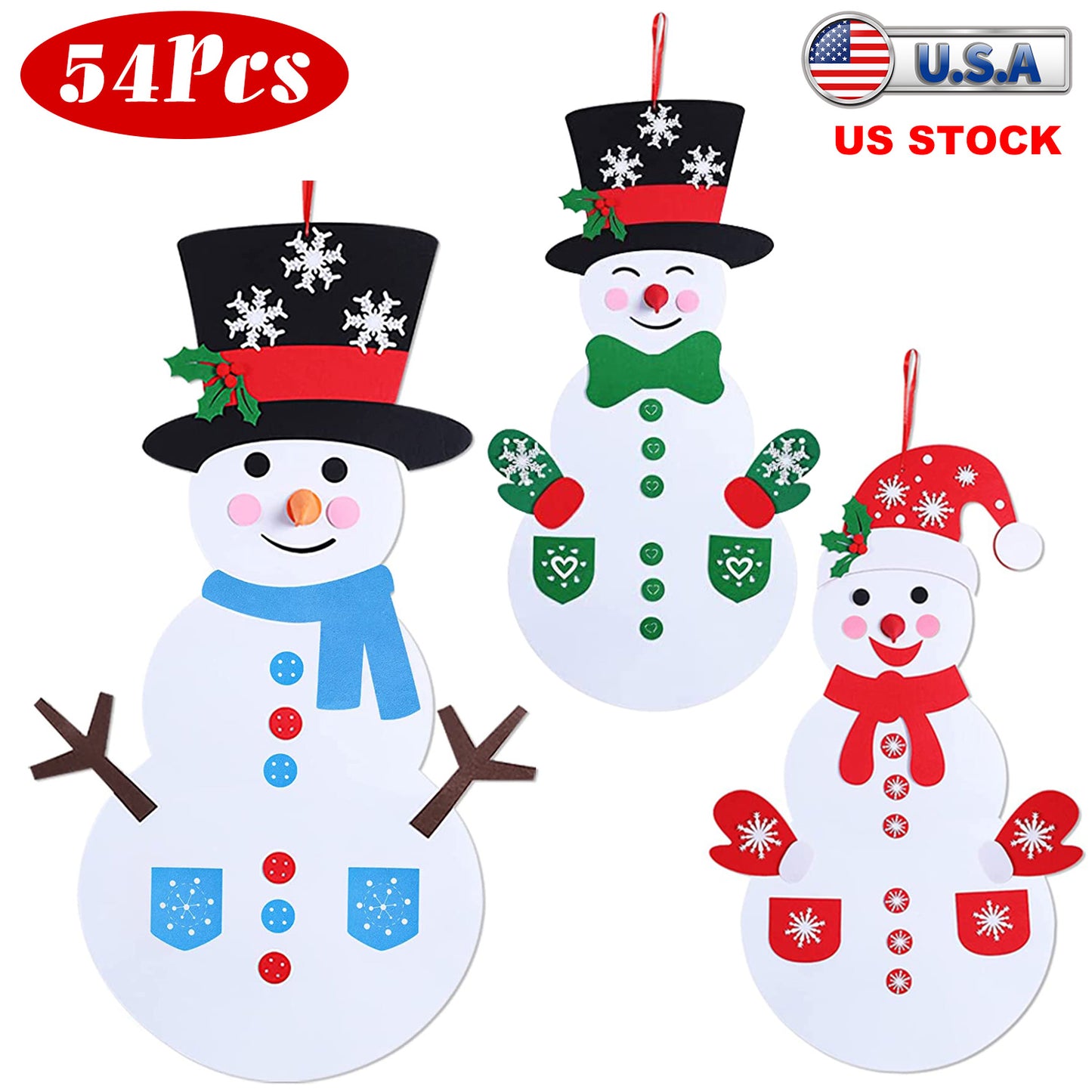 LJGelectro - Felt Christmas Snowman Set DIY Felt Christmas Hanging Decorations Kits with 54Pcs Detachable Ornaments Xmas Gift for Toddlers