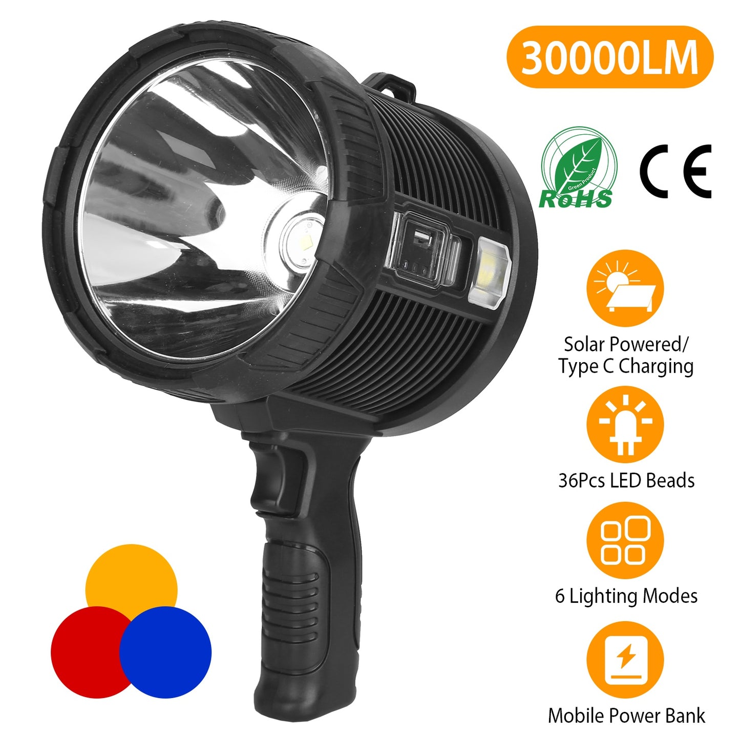 LJGelectro - 30000LM Rechargeable LED Searchlight IPX6 Waterproof Portable Handheld Spotlight Flashlight with 3 Color Filter Lens 6 Lighting Modes