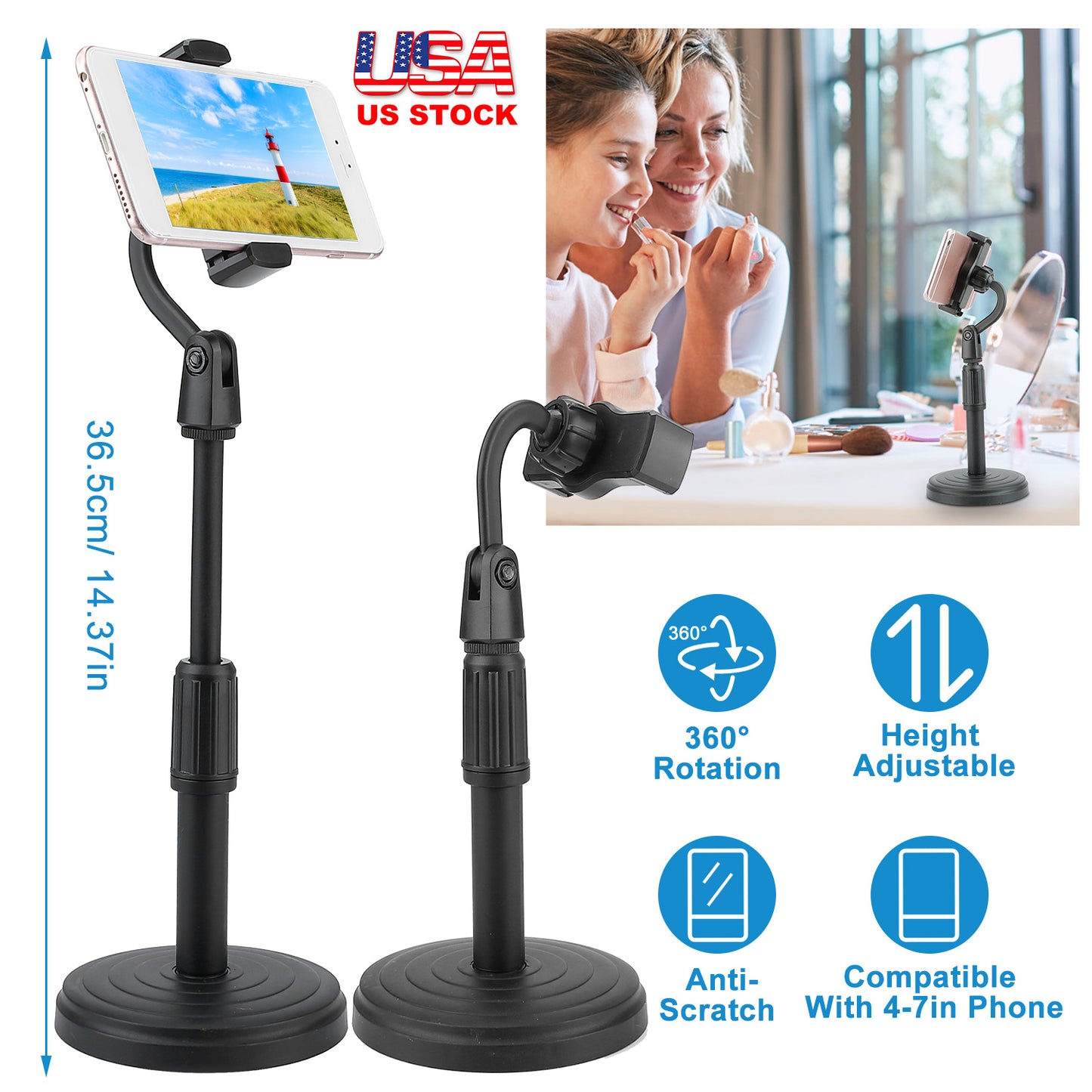 LJGelectro - Desktop Phone Stand Angle Height Adjustable Phone Clamp Mount Rotatable Cell Phone Holder For 4-7in Device Selfie Vlog Recording Streaming