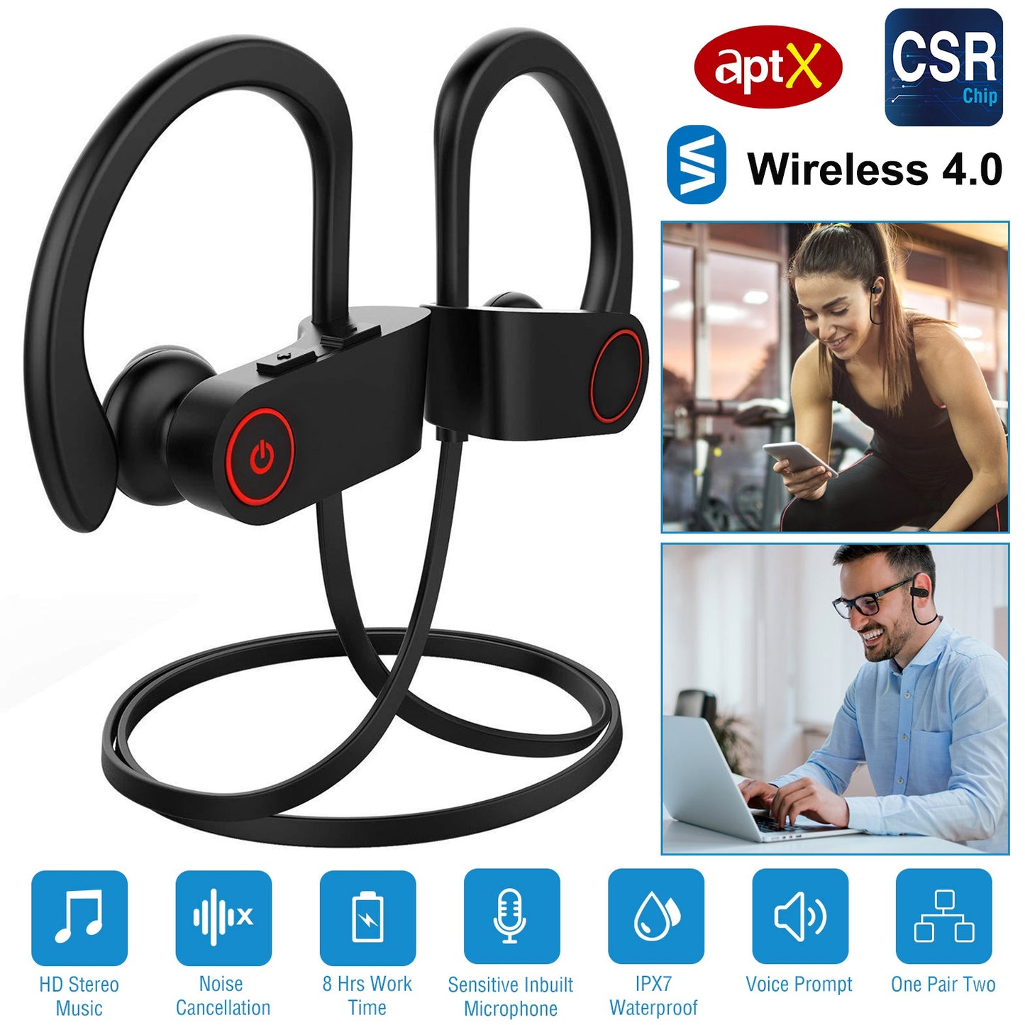 LJGelectro - Wireless Headset IPX7 Waterproof Sport Headphones In-Ear Wireless4.1 Stereo Earphone Noise Canceling Neck Earbuds w/Mic 8 Hrs Work Time for Running Hi