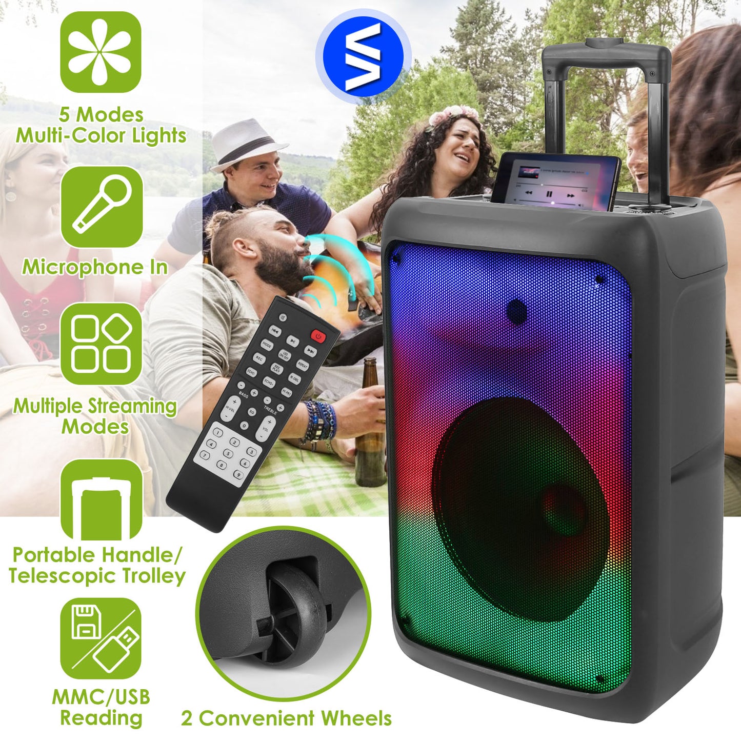 LJGelectro - Portable Wireless Party Speaker Party Speaker with with 5 Colorful Lighting Modes TWS FM USB MMC Slot Aux In Recording Mic Priority Trolley Handle 2 W