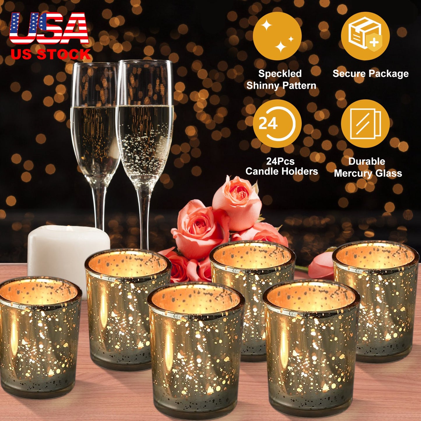 LJGelectro - 24Pcs Gold Votive Tealights Candle Holders Mercury Glass Shinny Candle Holders For Wedding Birthday Party Home Decoration Table Centerpiece