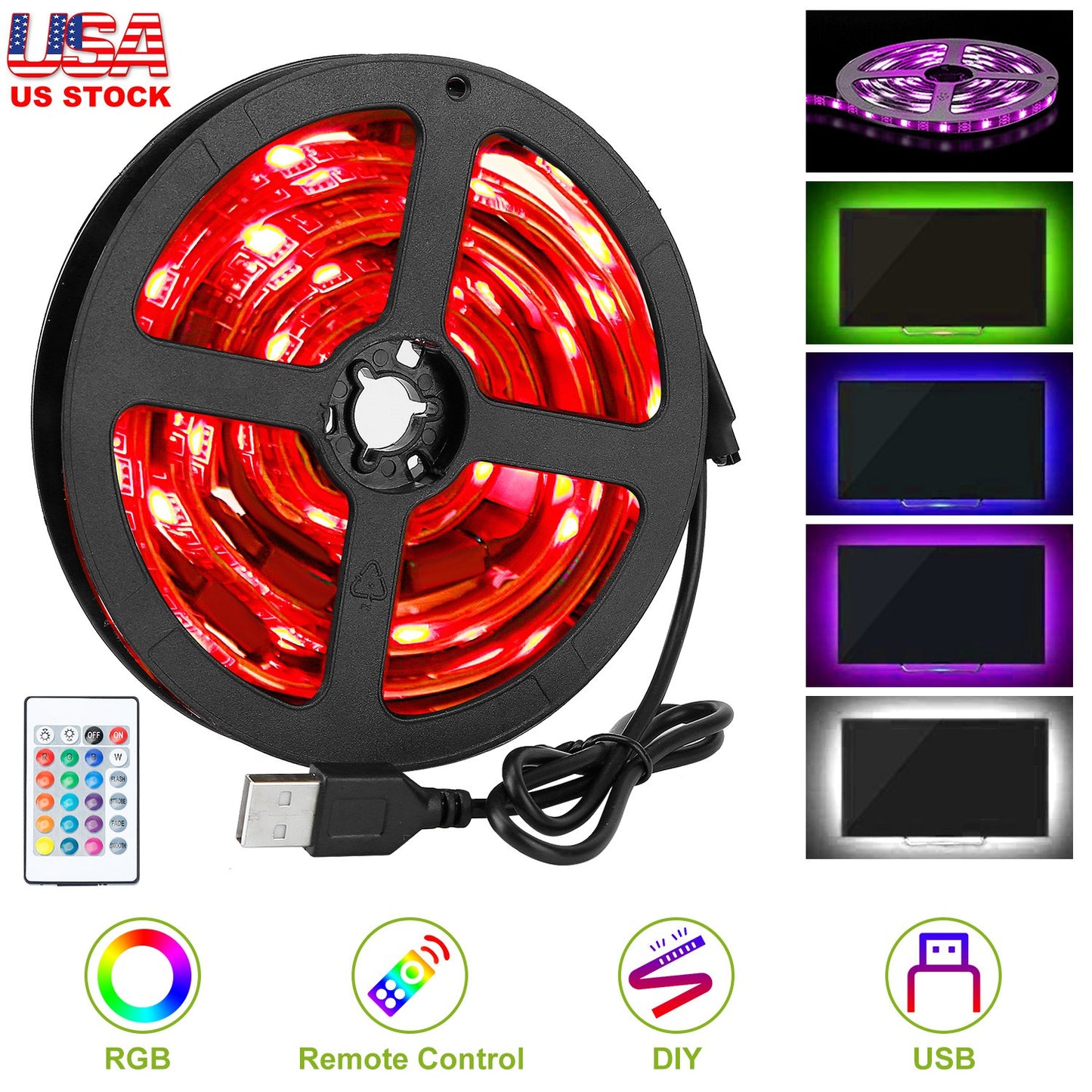 LJGelectro - TV LED Backlight Strip 6.56ft Waterproof RGB Strip Light USB Monitor Lighting Kit w/ Remote Controller 16 Colors For 40-60 in TV