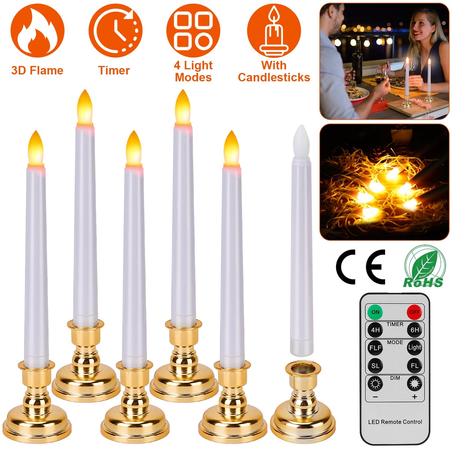 LJGelectro - 6 Packs Flameless Taper Candles 9.8in Electric LED Candles Warm White w/ 4 Light Modes Remote Control Timer Removable Candlesticks