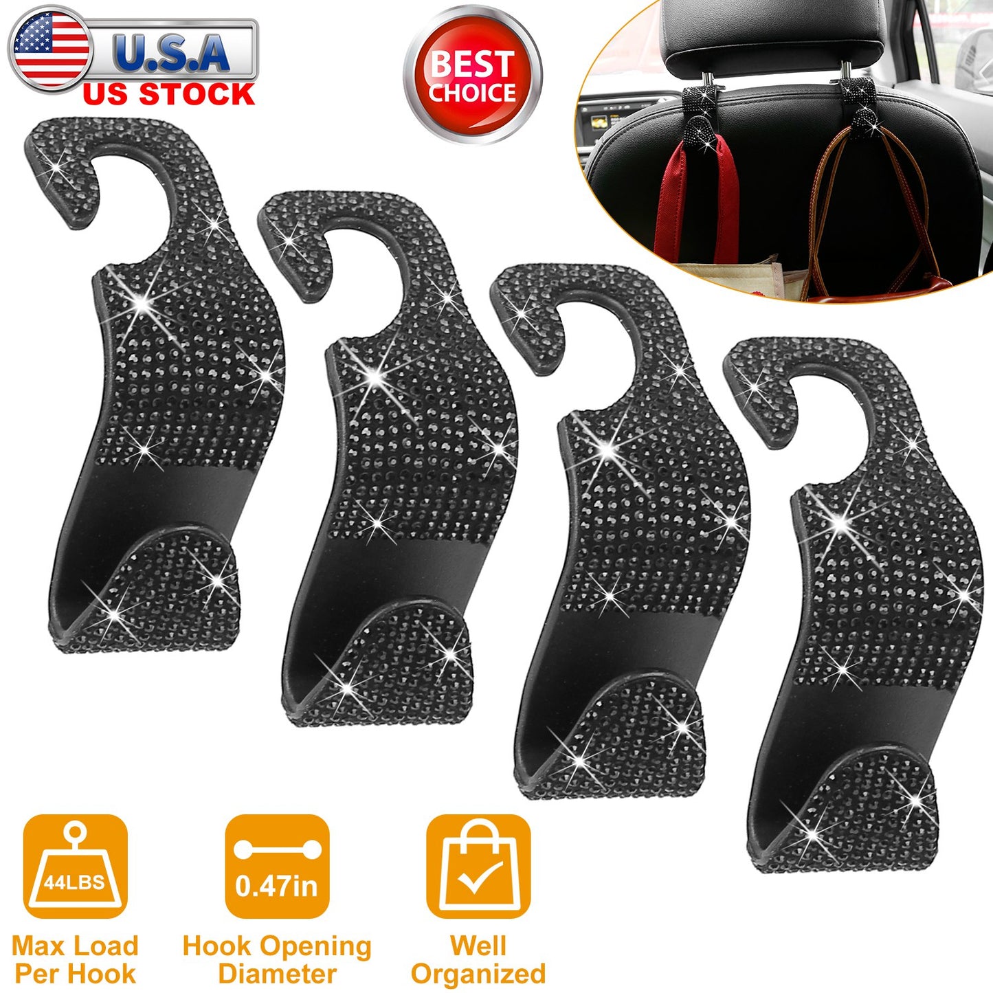 LJGelectro - 4Pcs Car Headrest Hooks Bling Rhinestones Back Seat Organizer Hanger Holder For Bag Purse Cloth Grocery Umbrellas