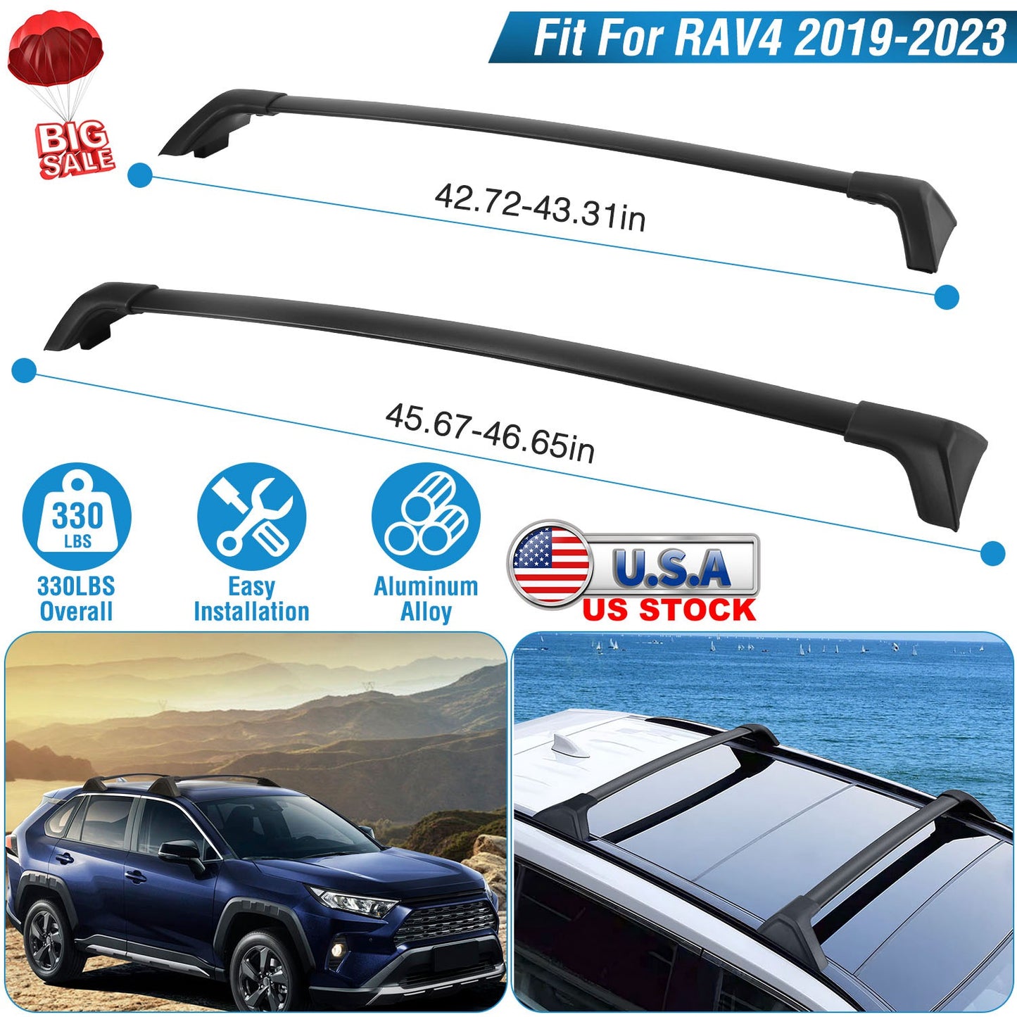 LJGelectro - Car Roof Rack Cross Bars Aluminum Alloy Cargo Carrier Rooftop Crossbars Fit for Toyota RAV4 2019-2024 with Side Rails for Cargo Carrier Bag Kayak Bike