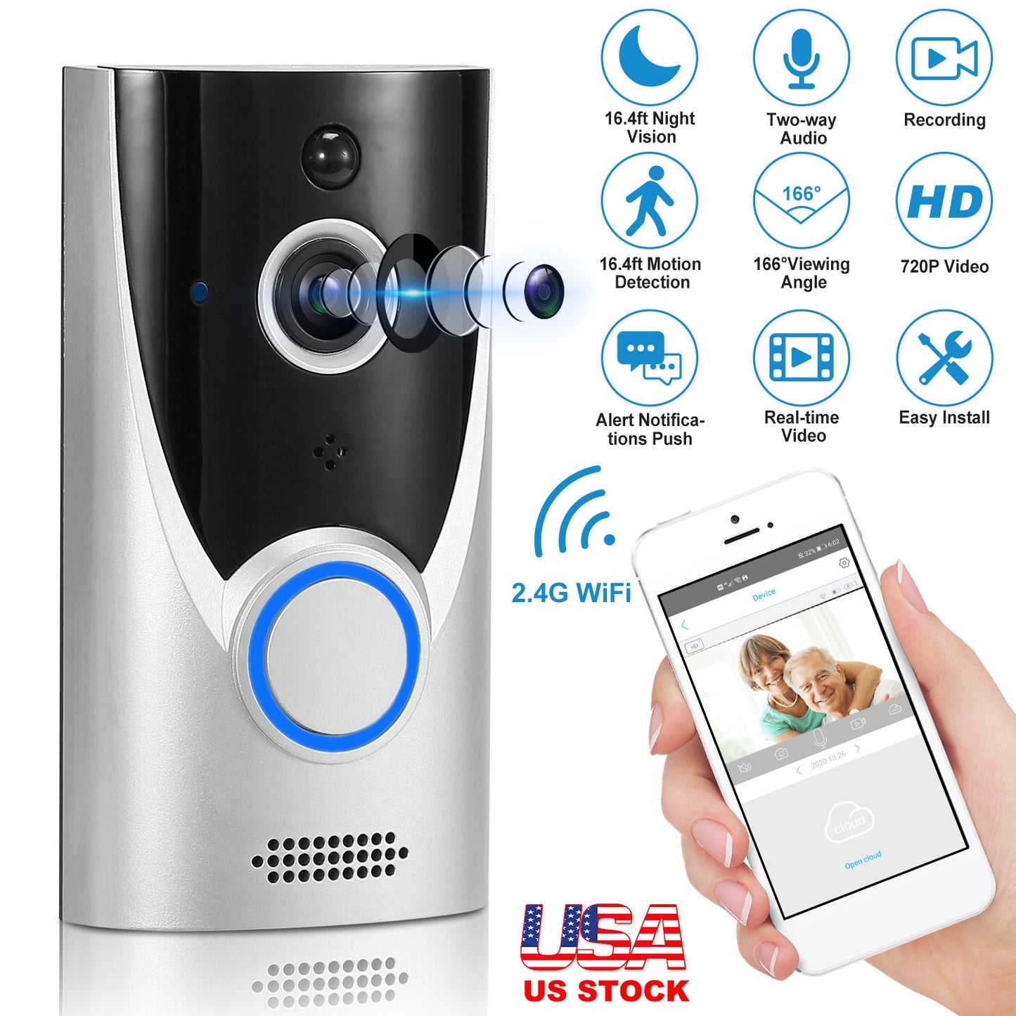 LJGelectro - WiFi Video Doorbell Wireless Door Bell 720P HD WiFi Security Camera w/ Two-way Talk PIR Motion Detection IR Night Vision Home Security Camcorder Offic