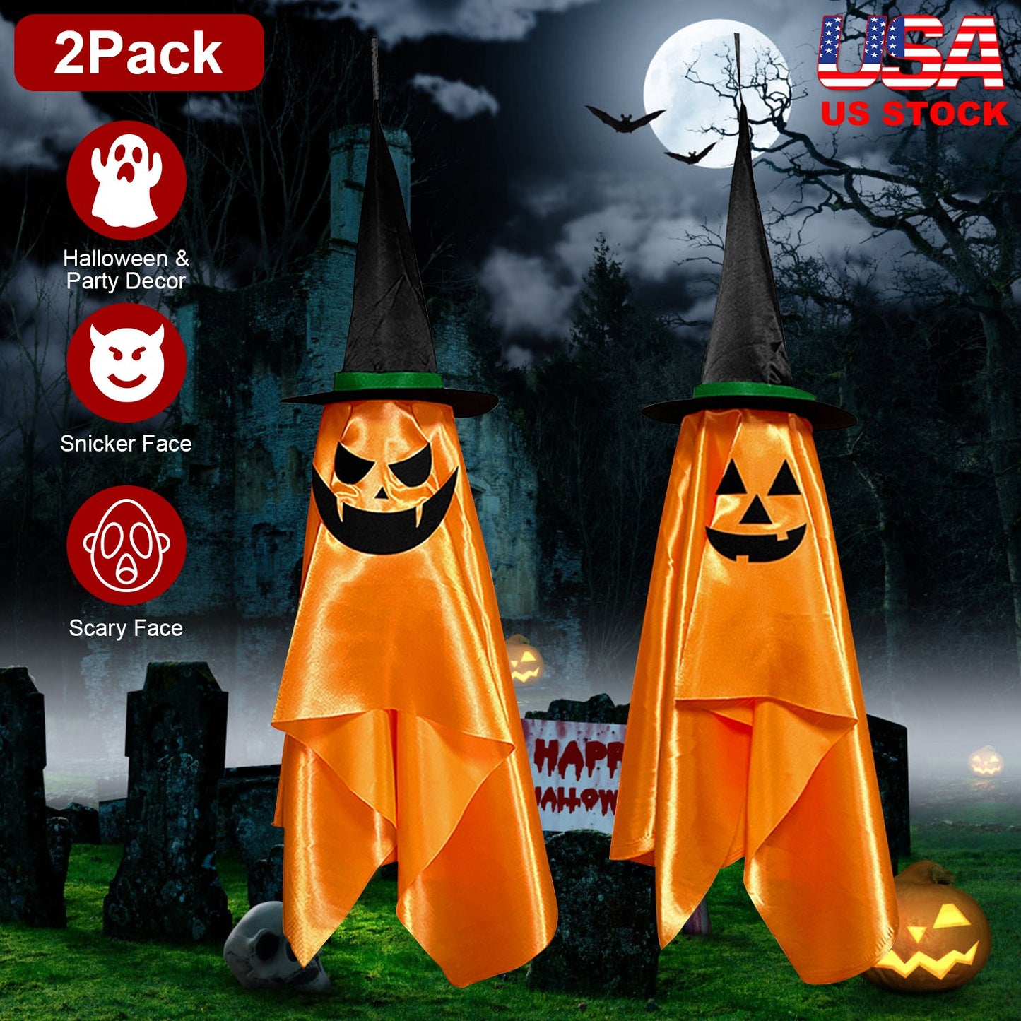 LJGelectro - 2 Pack Hanging Ghosts with Wizard Hat Snicker Scary Face Halloween Party Hanging Decorations Pumpkin Wizard Hat for Eave Tree Porch