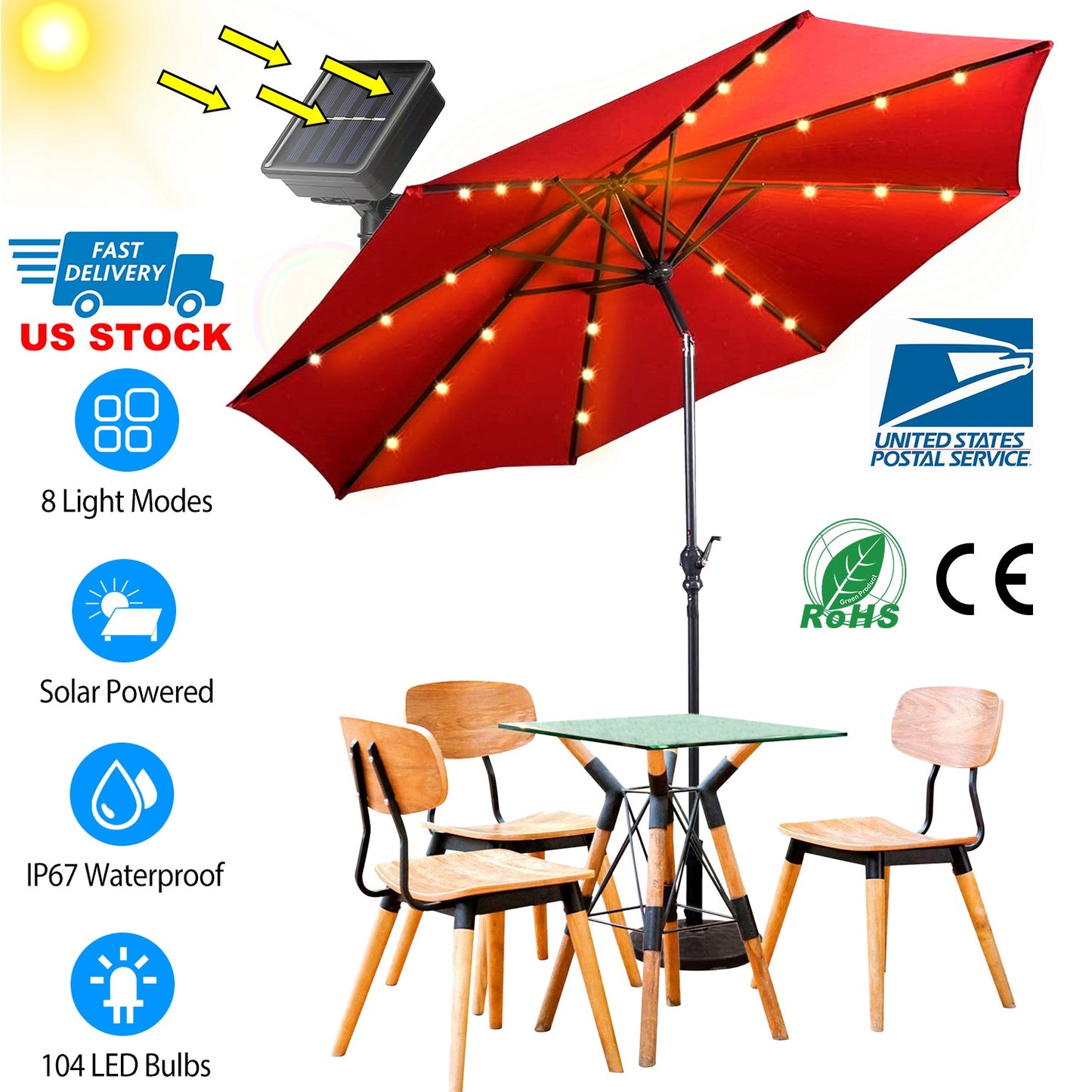 LJGelectro - Solar Umbrella Lights Outdoor Parasol String Light 8 Lighting Mode Waterproof 104 LED 8 Bundles Warm White for Patio Garden Outdoor