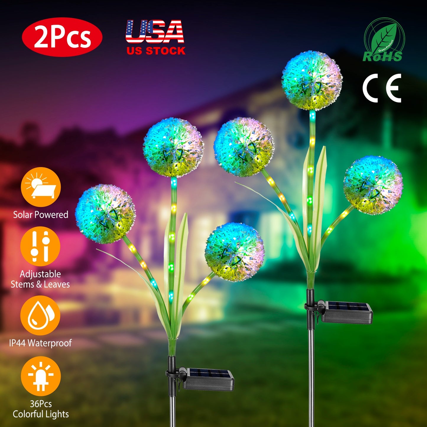 LJGelectro - 2 Pcs Dandelion Solar Light 36LED Beads Outdoor Garden Lawn Pathway Landscape Stake Lamp Colorful Ornamental Light