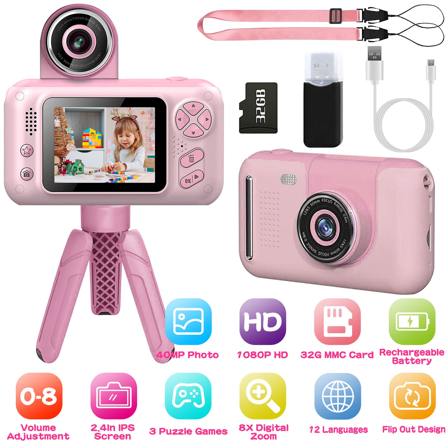 LJGelectro - Kids Digital Camera with Flip Lens Children Video Camcorder Christmas Toy Birthday Gifts with Tripod 2.4in Screen 32G MMC Card for 3-10 Year Old Boys