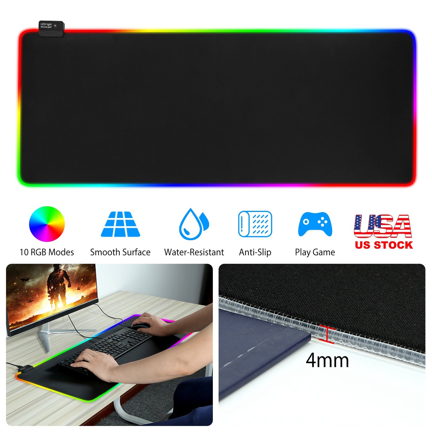 LJGelectro - Large LED Gaming Mouse Pad RGB Computer Keyboard Mouse Mat w/ 10 Light Modes Non-Slip Rubber Base for Game Office