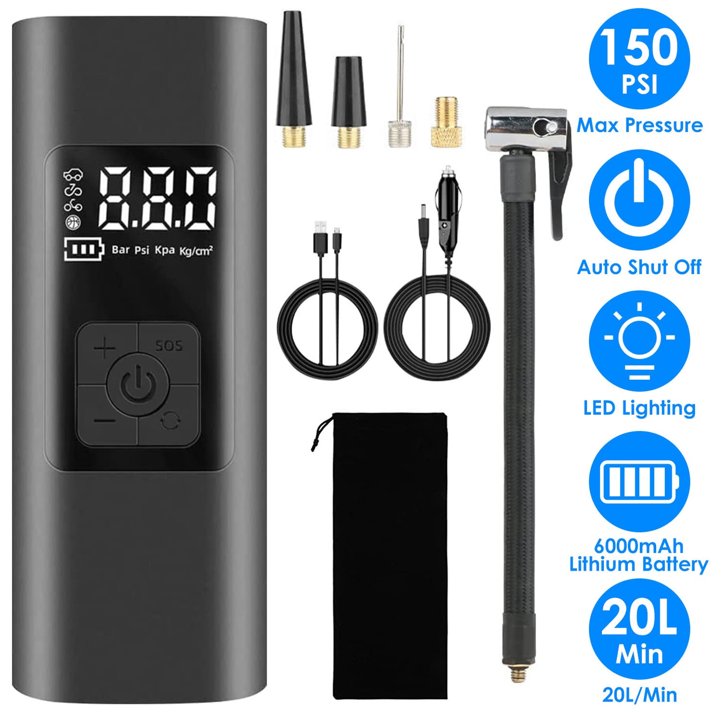 LJGelectro - 150PSI Cordless Car Tire Pump 6000mAh Rechargeable Tire Inflator Portable Air Compressor for Car Bike Motorcycle Ball