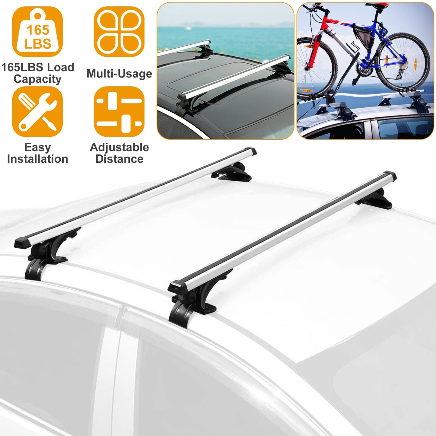 LJGelectro - 47.24in Universal Top Roof Rack Cross Bar Cargo Carrier Aluminum Crossbar Rack w/ 165LBS Capacity Fit for Most Vehicle Wagon Car Without Roof Side Rai