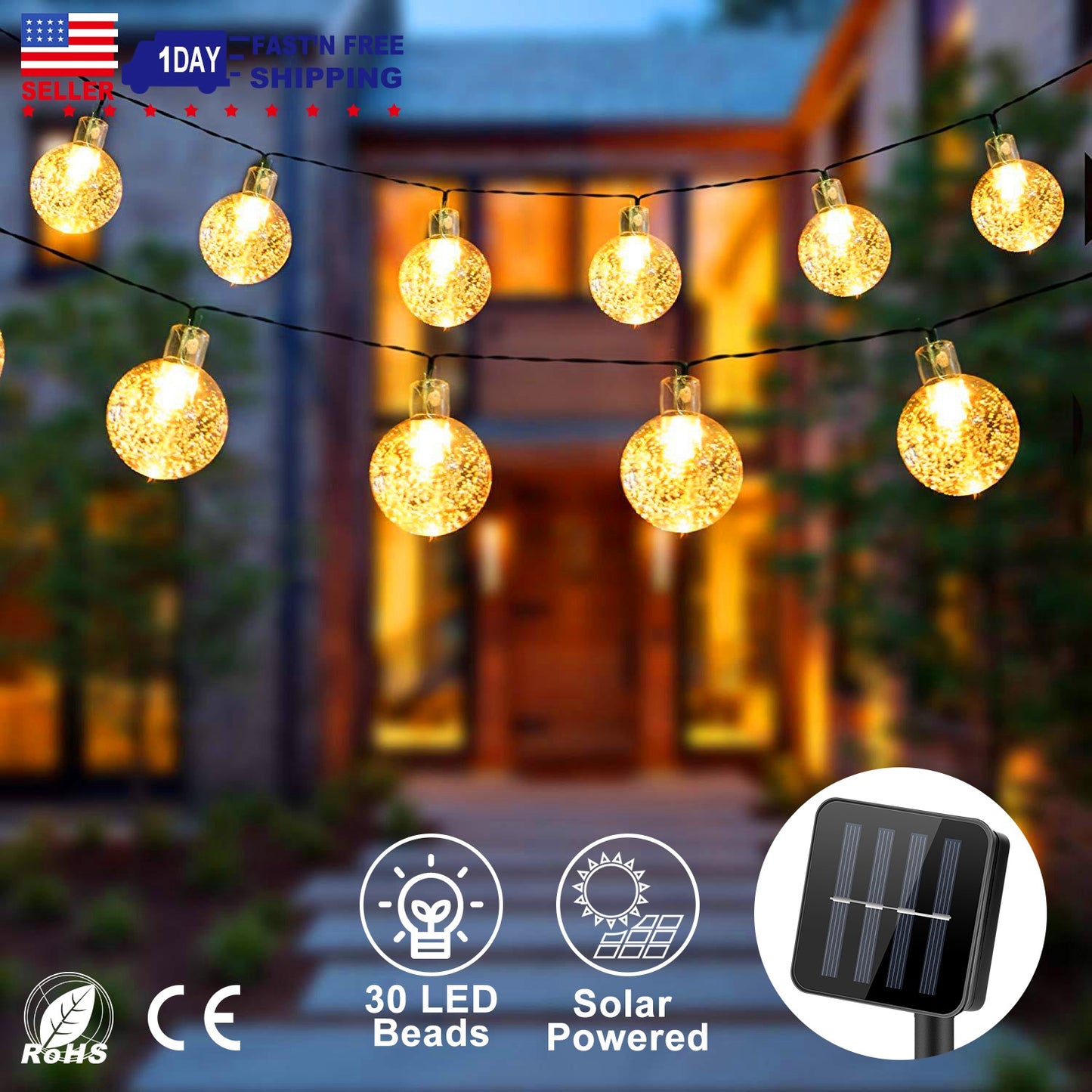 LJGelectro - Globe String Solar Lights 30 Ball LED Fairy Solar Lamps 8 Lighting Modes IP65 Waterproof Decorative Lights w/ Stake Garden Lawn Flower Trees Patio Gar