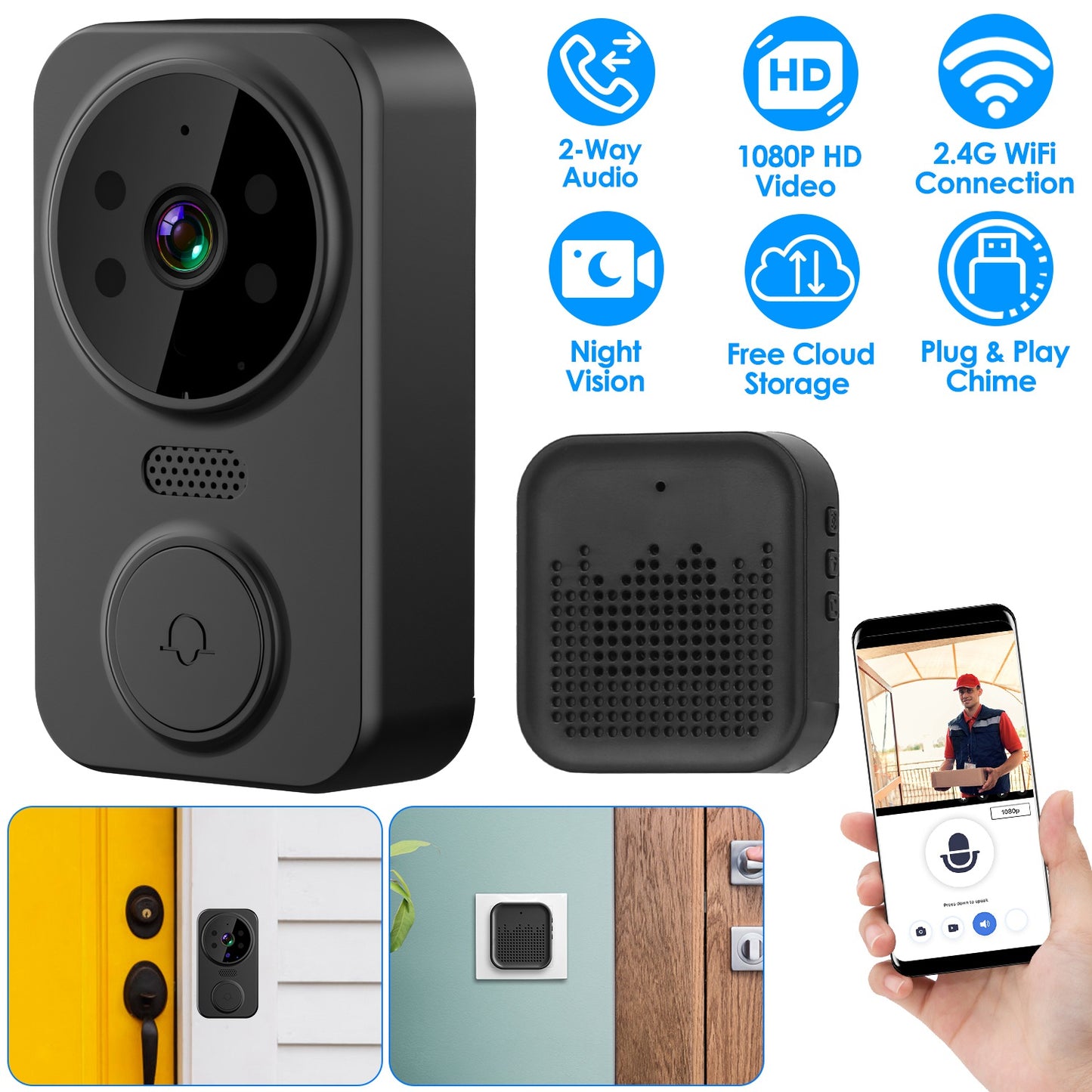 LJGelectro - WiFi Security Doorbell Camera with Volume Adjustable Wireless Chime 1080P Camera Night Vision 2-Way Audio Free Cloud Storage