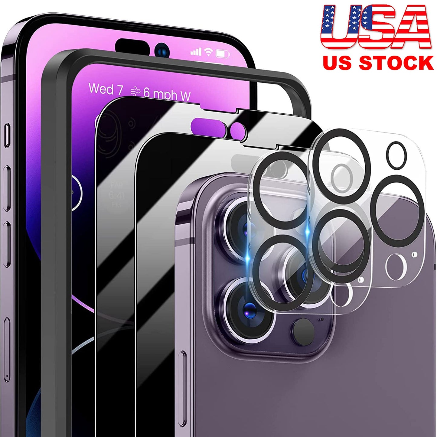 LJGelectro - 2Pcs Privacy Screen Protectors And 2Pcs Camera Lens Tempered Glass Screen Film Full Coverage Screen Protector Fit for IOS Phone 14/14Plus/14Pro/14Pro