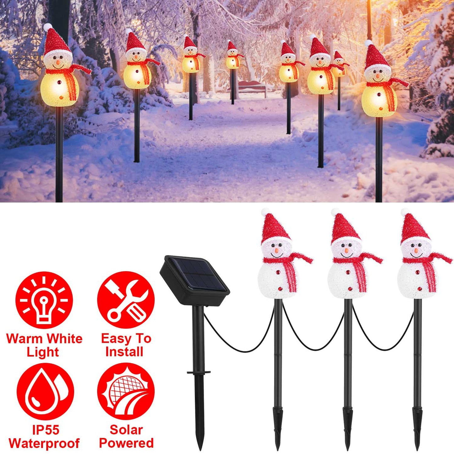 LJGelectro - 1Pc Solar Powered Lamp 3 Snowmen Outdoor Decorative Christmas Lamp Garden Stake Light IP55 Waterproof Santa Landscape Light Warm White LED Lighting Pa