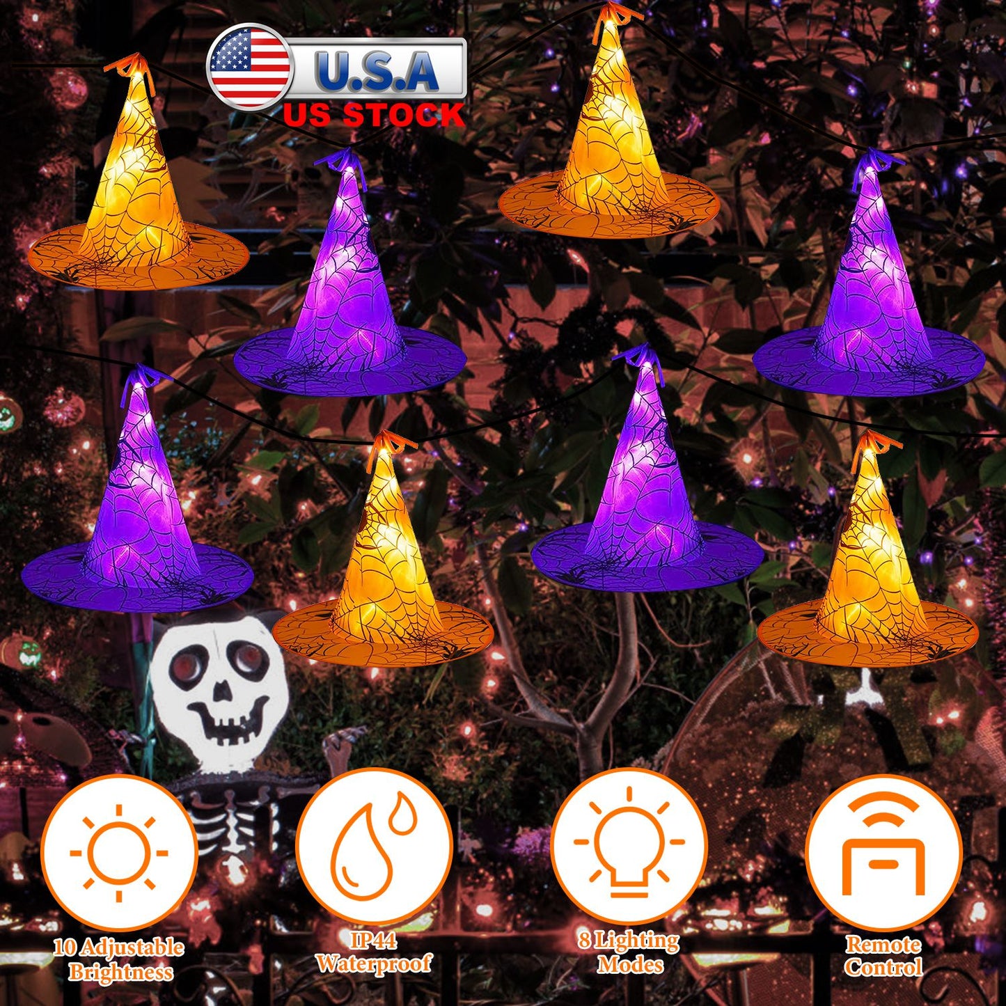 LJGelectro - 8 Pack 13FT Witch Hat Hanging String LED Light Halloween Decoration Battery Powered Remote Control 8 Lighting Modes Glowing Outdoor Indoor Halloween P