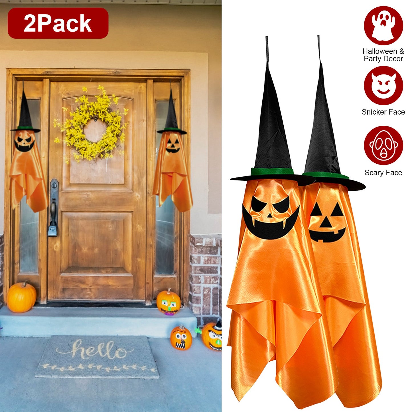 LJGelectro - 2 Pack Hanging Ghosts with Wizard Hat Snicker Scary Face Halloween Party Hanging Decorations Pumpkin Wizard Hat for Eave Tree Porch