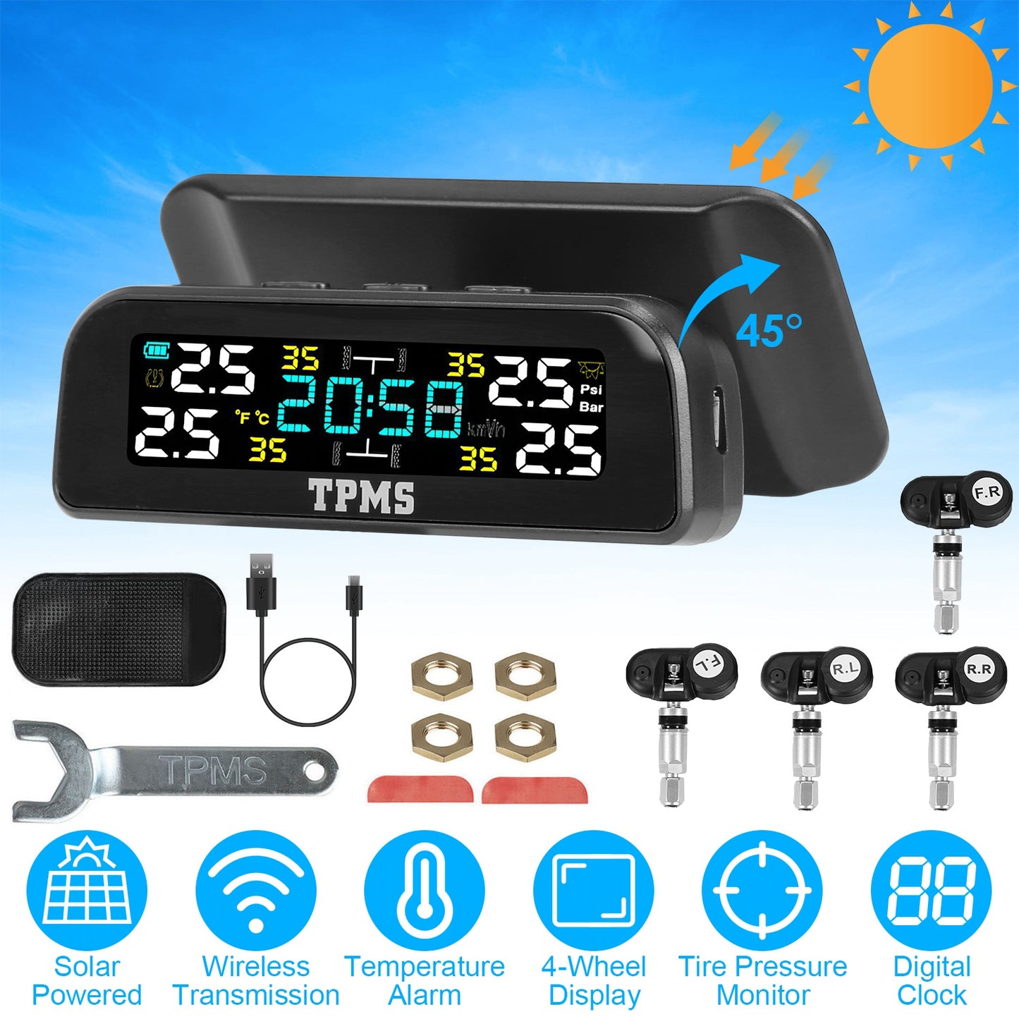 LJGelectro - Wireless Solar Car Tire Pressure Monitoring System Auto Tire Pressure Monitor with Built-in Sensors Temperature Alarm for Car SUV Sedan RV