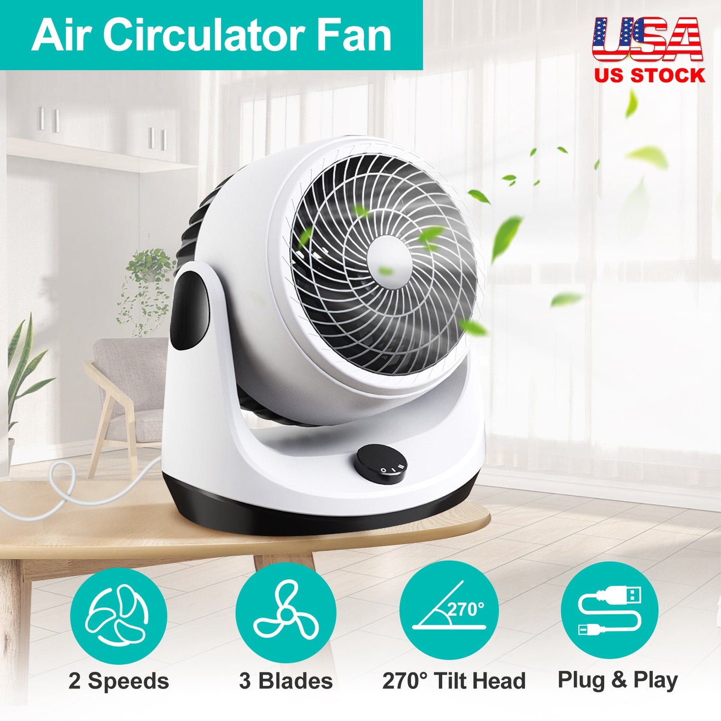 LJGelectro - Table Desktop Fan Air Circulator Office Fan with 2 Speeds 270° Adjustable Head USB Plug Play for Room Office Kitchen Office