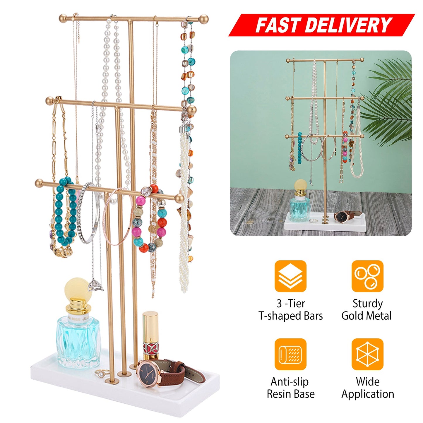 LJGelectro - 3 Tier Gold Metal Tabletop Jewelry Display Tree Stand Organizer Holder Rack Hanger Tower for Bracelet Necklace Accessories with Ring Tray